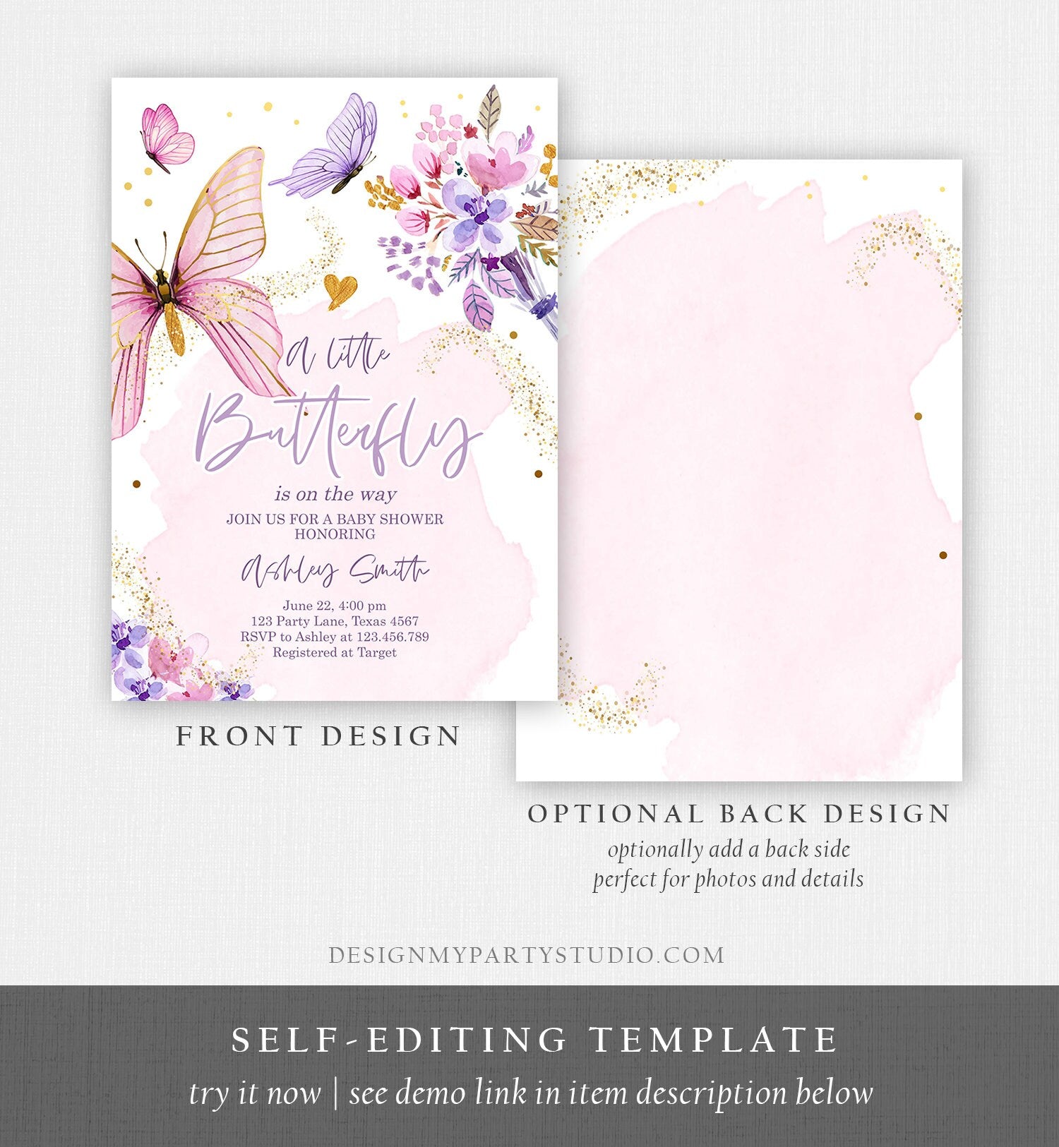 Editable Butterfly Baby Shower Invitation Purple Butterfly on The Way Invite Floral Pink Gold Girl Download Printable Template Corjl 0437