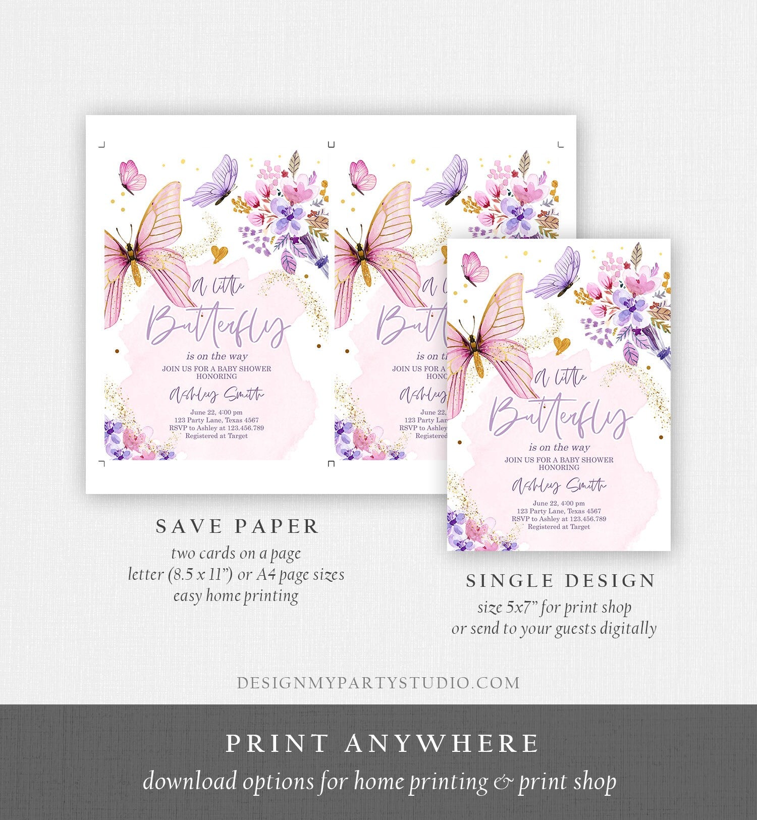 Editable Butterfly Baby Shower Invitation Purple Butterfly on The Way Invite Floral Pink Gold Girl Download Printable Template Corjl 0437