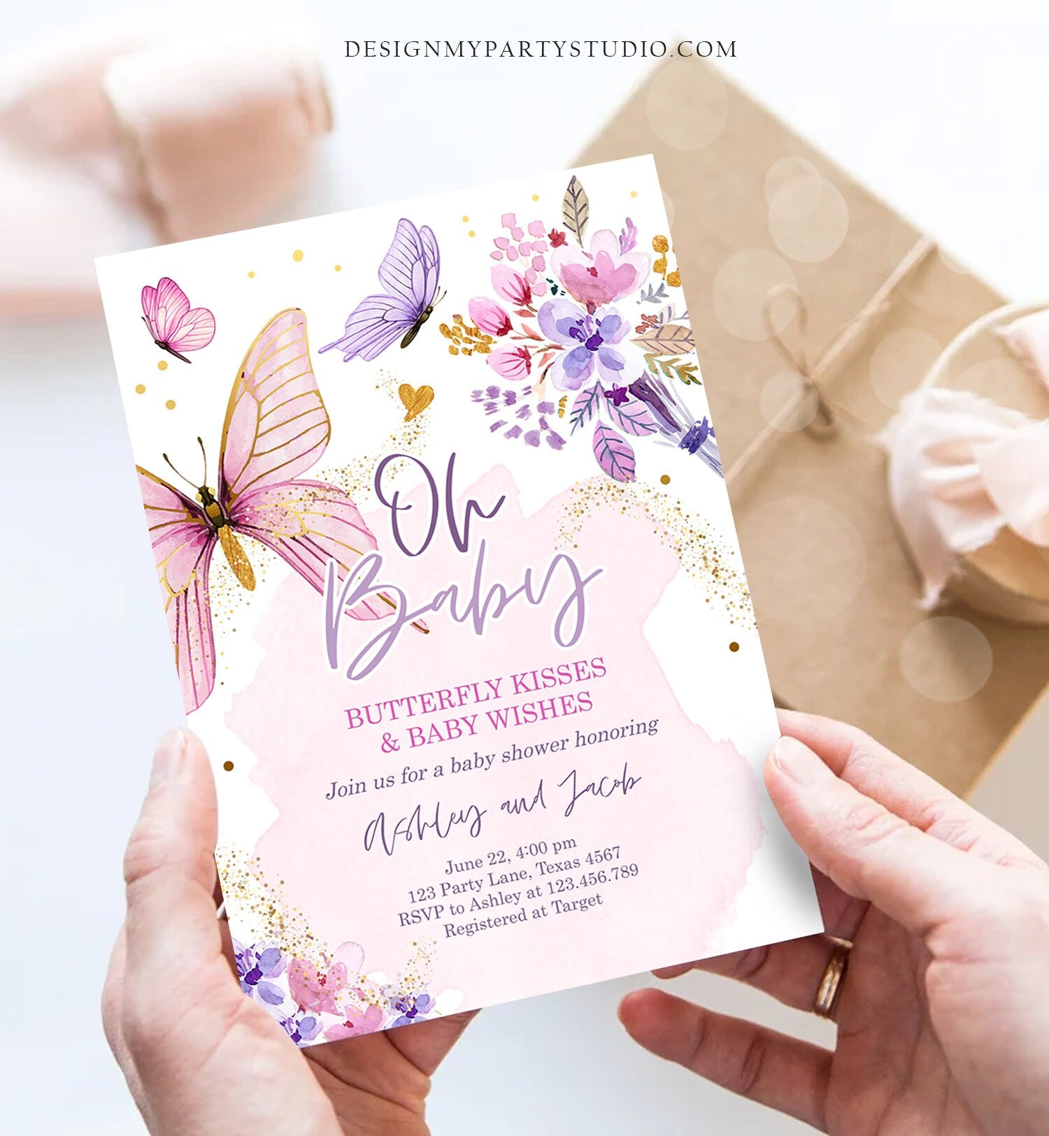 Editable Butterflies Baby Shower Invite Purple Butterfly Kisses Invitation Floral Pink Gold Girl Download Printable Template Corjl 0437