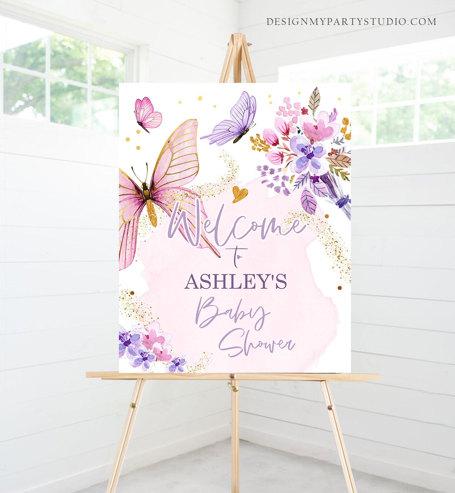 Editable Butterfly Welcome Sign Butterfly Baby Shower Butterfly Party Garden Girl Pink Gold Floral Purple Template PRINTABLE Corjl 0437