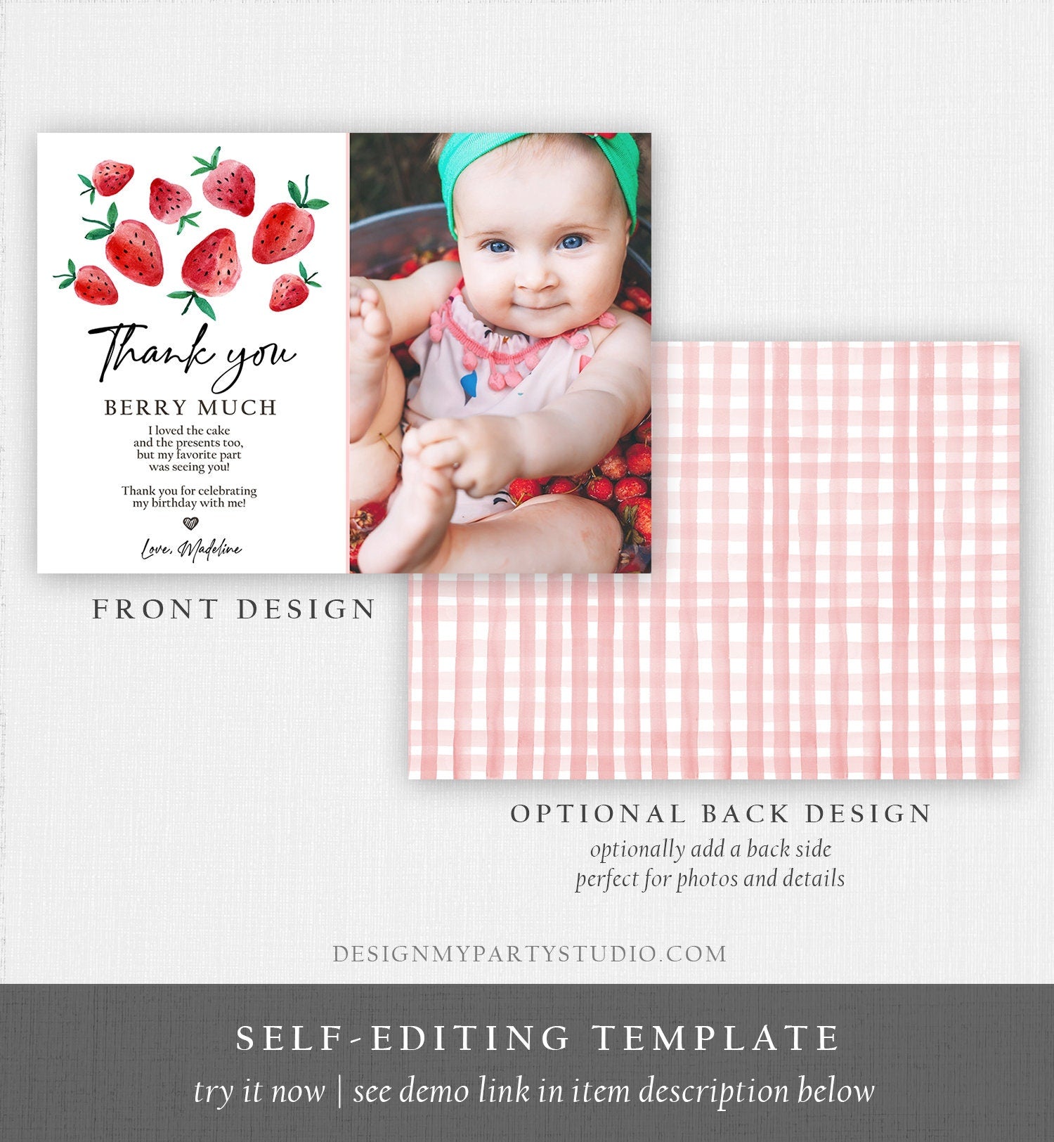 Editable Strawberry Thank You Card Strawberry Birthday First Berry Much Farmers Market Strawberries Download Printable Template Corjl 0399