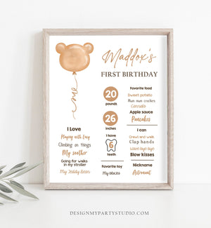 Editable Teddy Bear 1st Birthday Milestones Sign Teddy Bear Picnic Birthday First Birthday Beary Cute Download Corjl Template Printable 0439