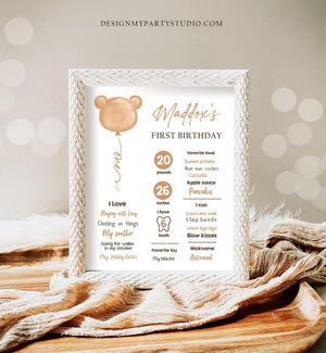 Editable Teddy Bear 1st Birthday Milestones Sign Teddy Bear Picnic Birthday First Birthday Beary Cute Download Corjl Template Printable 0439