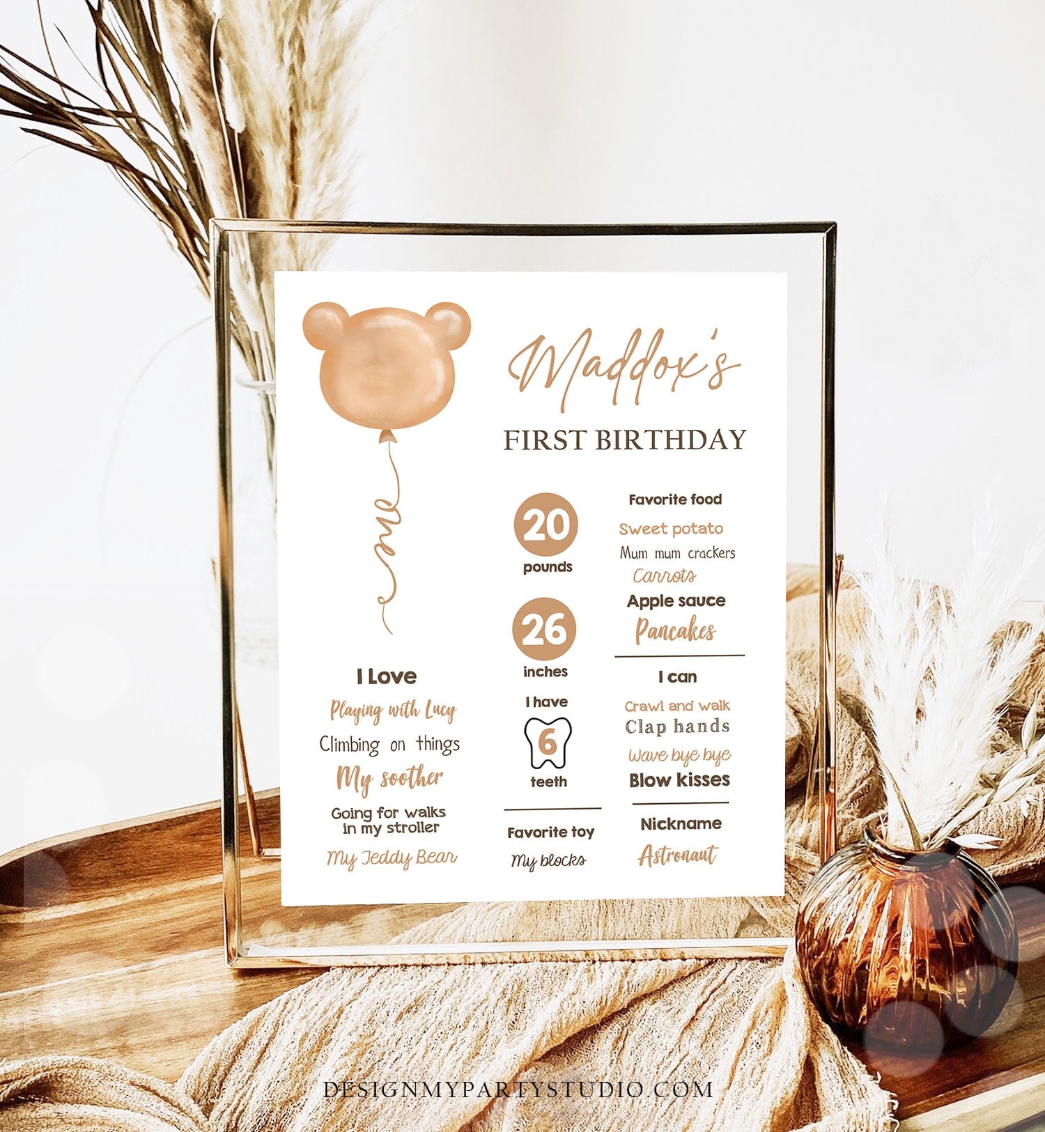 Editable Teddy Bear 1st Birthday Milestones Sign Teddy Bear Picnic Birthday First Birthday Beary Cute Download Corjl Template Printable 0439