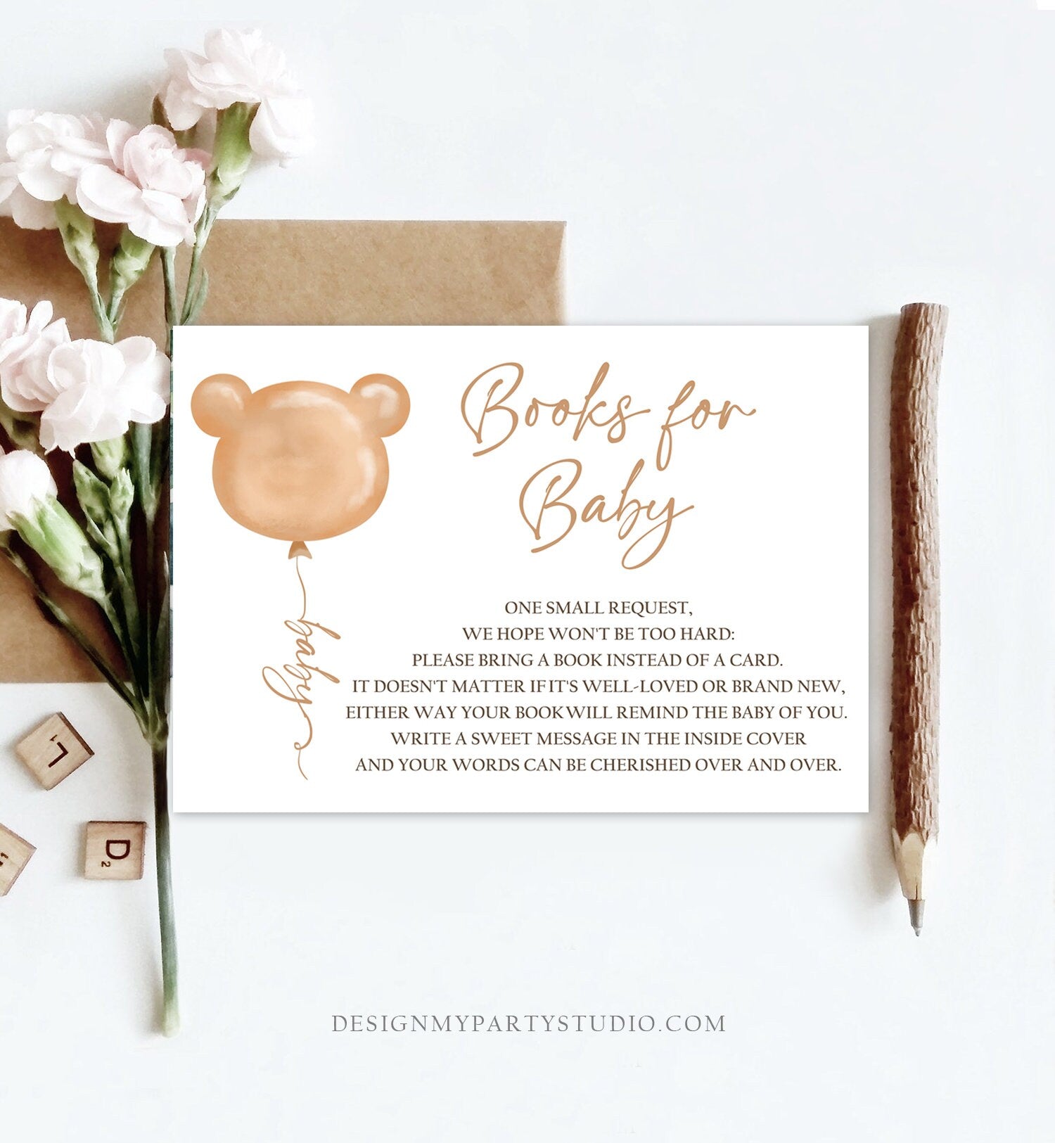 Editable Bear Bring a Book Card Boho Teddy Bear Baby Shower Bearly Wait Books for Baby Gender Neutral Boy Girl Template PRINTABLE Corjl 0439