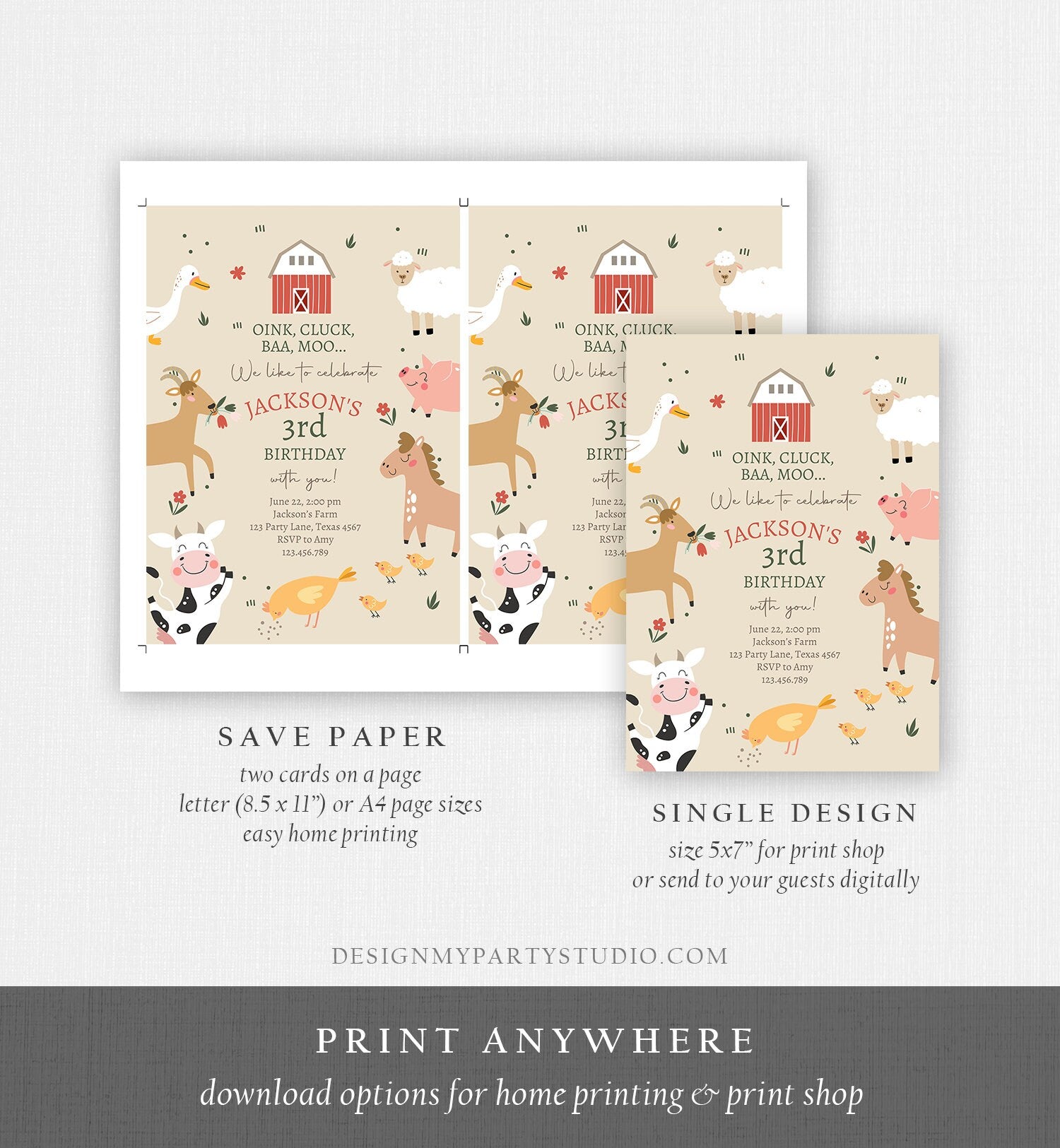 Editable Farm Animals Birthday Invitation Boy Farm Barnyard First Birthday Party Animals Modern Farm Download Corjl Template Printable 0436