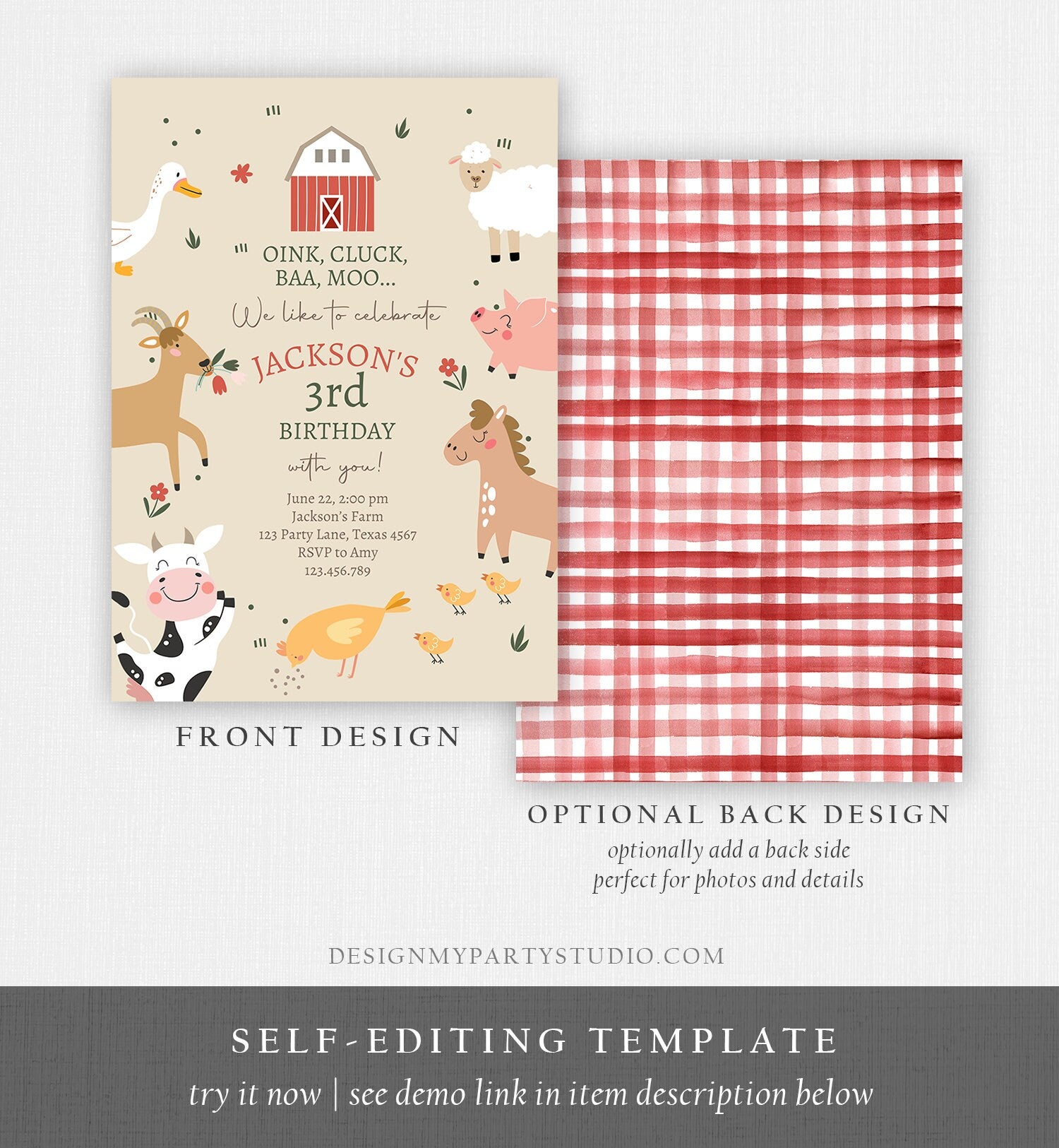 Editable Farm Animals Birthday Invitation Boy Farm Barnyard First Birthday Party Animals Modern Farm Download Corjl Template Printable 0436