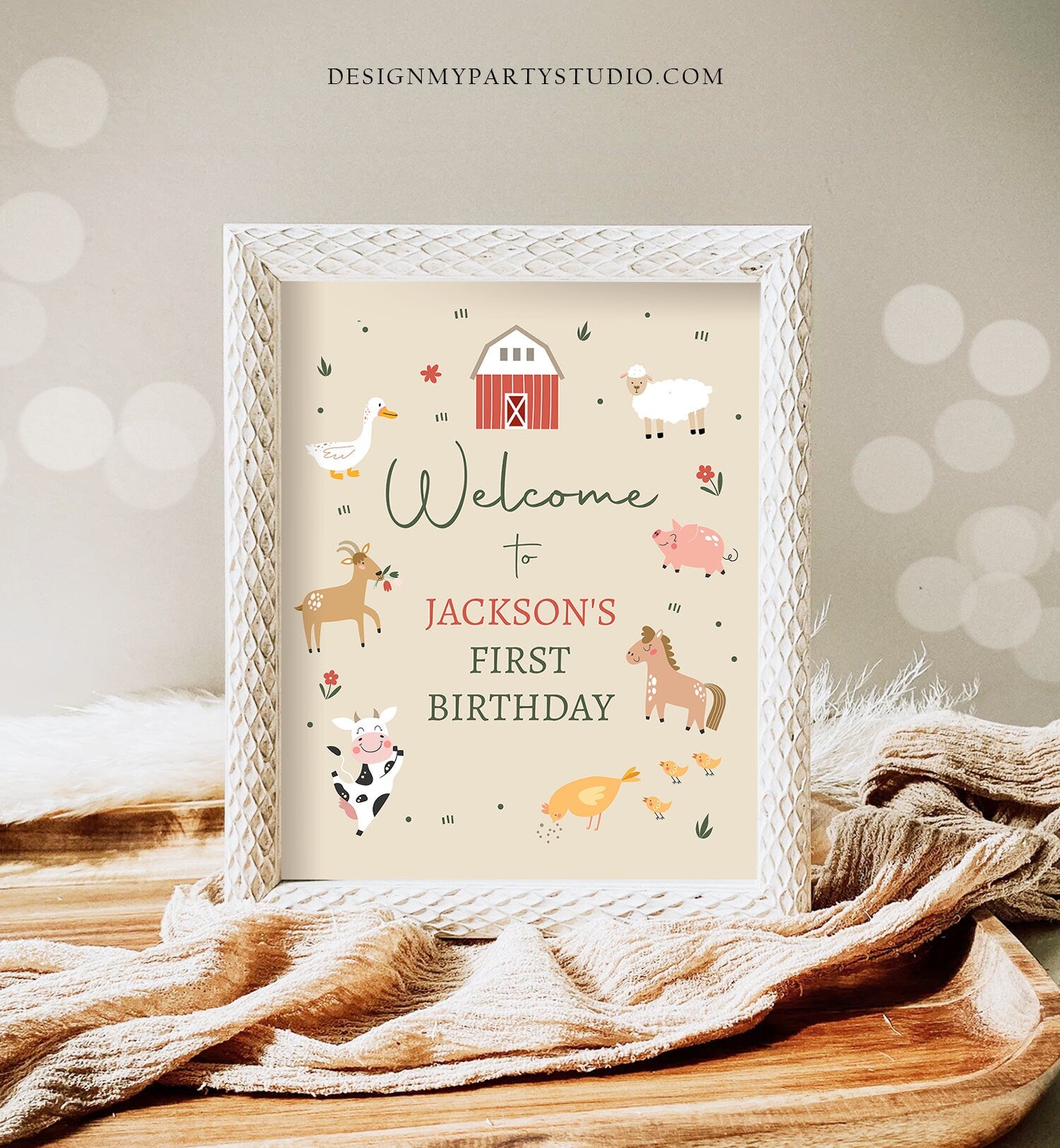 Editable Farm Birthday Welcome Sign Barnyard Birthday Welcome Sign Farm Animals Birthday Sign Boy Red Modern Template Corjl PRINTABLE 0436