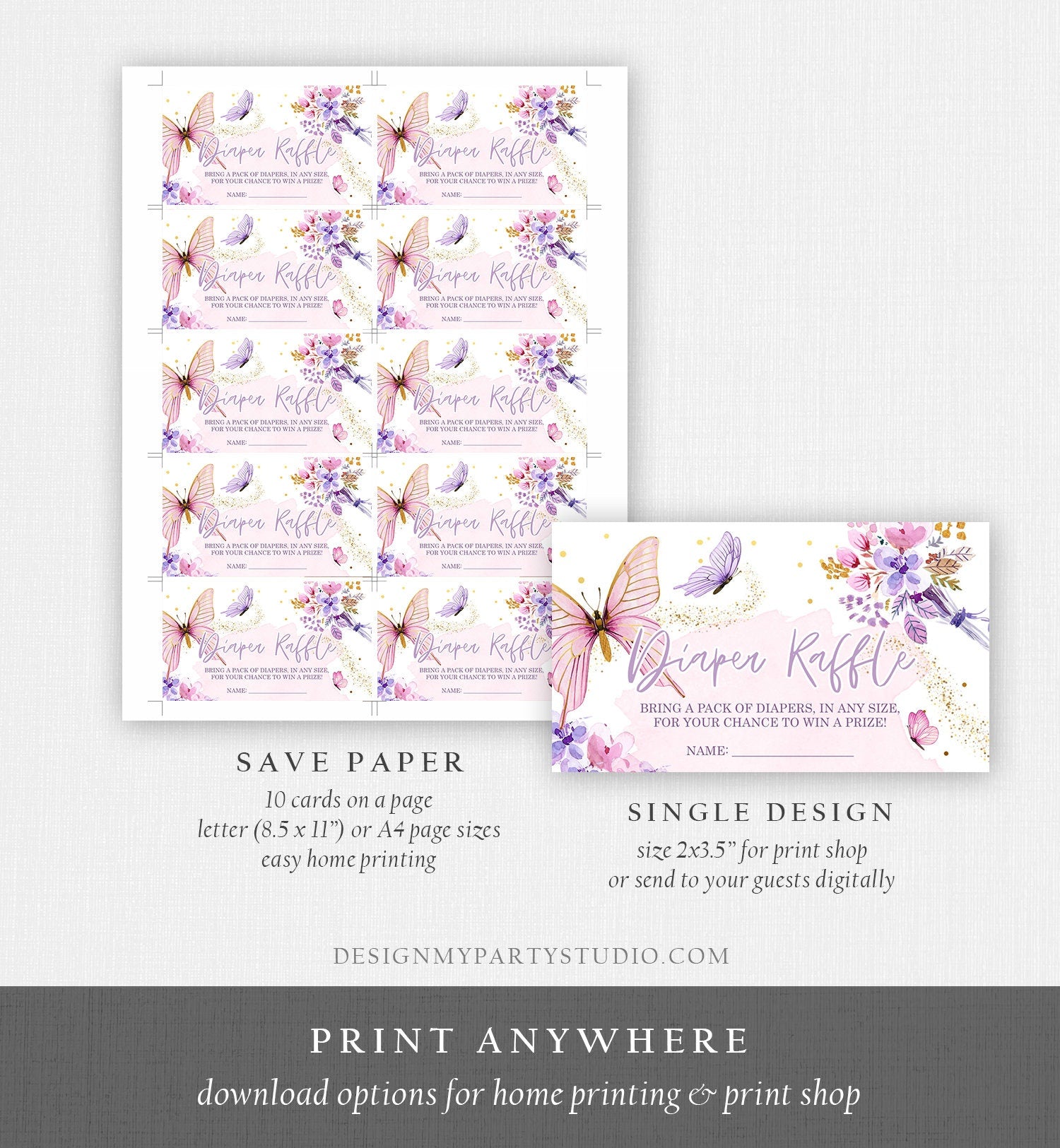 Editable Butterfly Diaper Raffle Ticket Little Butterfly Baby Shower Floral Butterflies Girl Pink Gold Purple Template PRINTABLE Corjl 0437