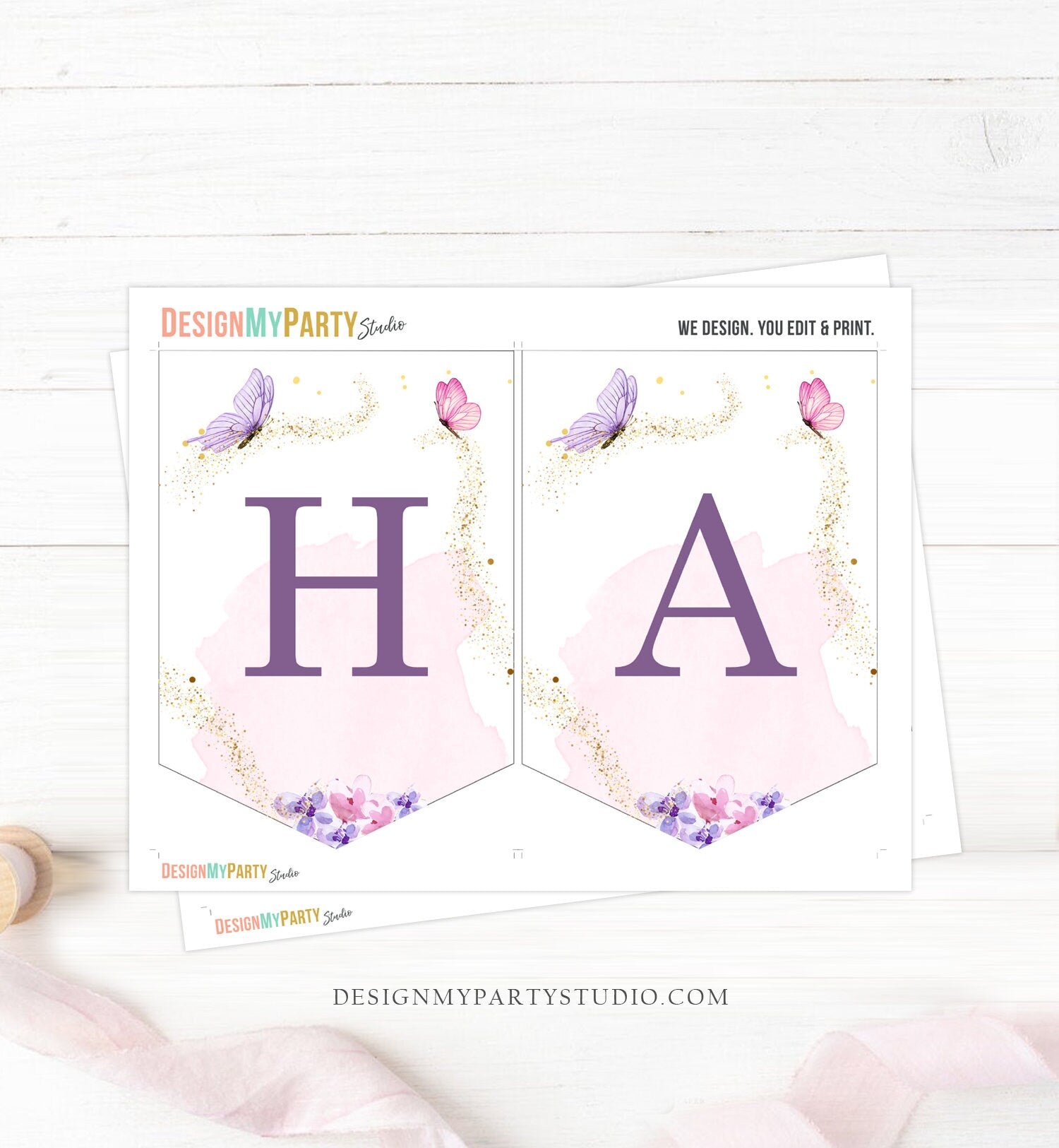 Happy Birthday Banner Butterfly Birthday Banner Floral Flowers Pink Purple Girl Birthday Butterfly Banner Download PRINTABLE DIGITAL 0437