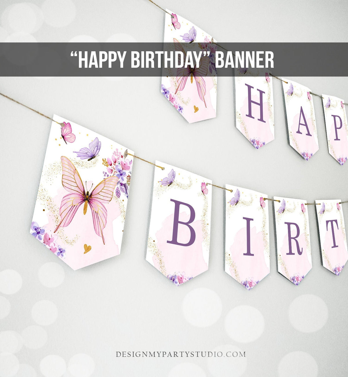 Happy Birthday Banner Butterfly Birthday Banner Floral Flowers Pink Purple Girl Birthday Butterfly Banner Download PRINTABLE DIGITAL 0437