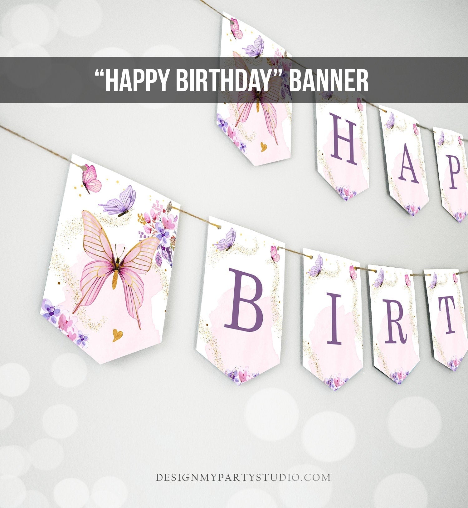 Happy Birthday Banner Butterfly Birthday Banner Floral Flowers Pink Purple Girl Birthday Butterfly Banner Download PRINTABLE DIGITAL 0437