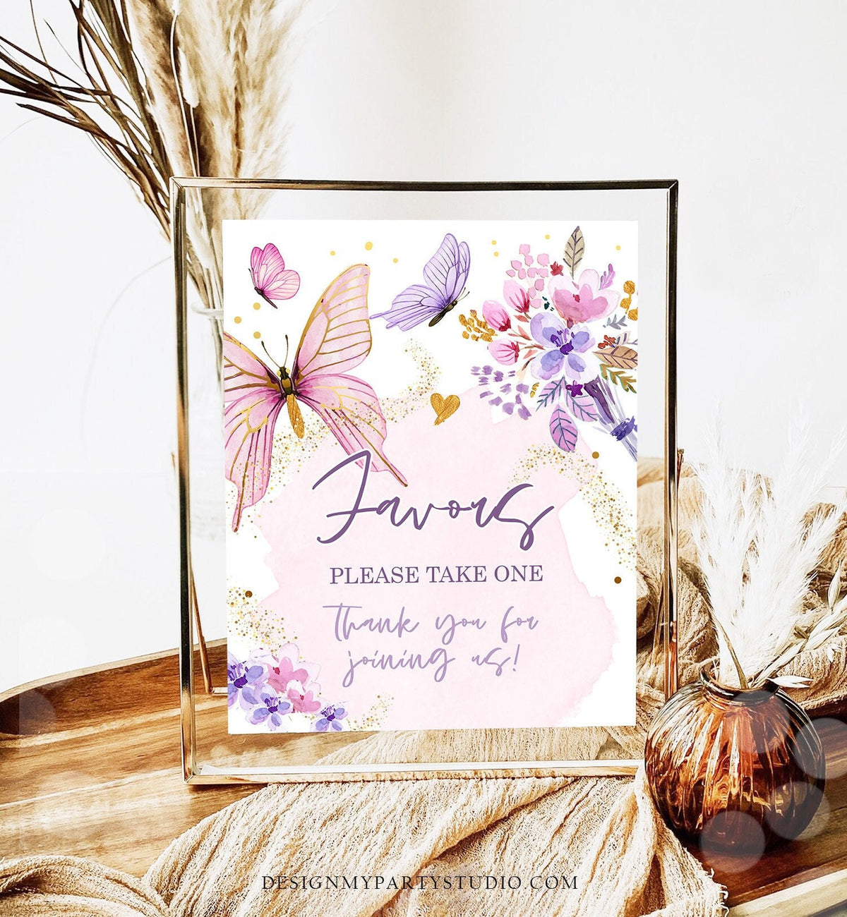 Favors Butterfly Sign Birthday Baby Shower Sign Floral Butterfly Watercolor Table Decor Girl Pink Instant Download Printable 0437