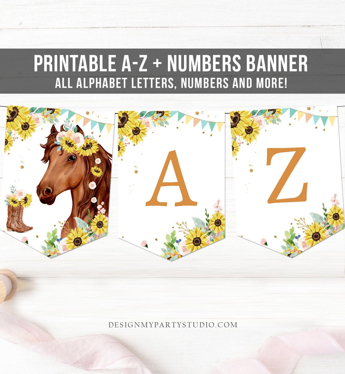 Horse Birthday Banner A-Z Alphabet Numbers Banner Sunflowers First Happy Birthday Banner Girl Pony Saddle Up Cowgirl Decor Printable 0408