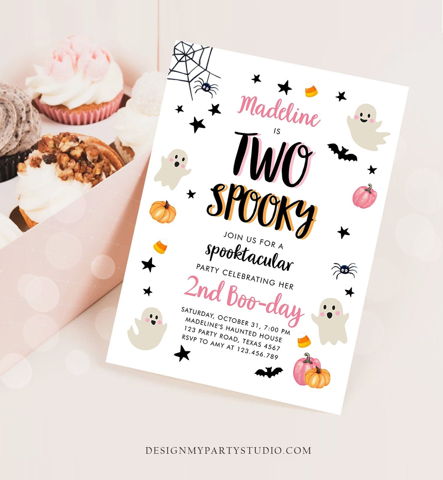 Editable Halloween Birthday Invitation 2nd Pink Ghost Costume Party Girl Pink Kids Two Spooky Party Digital Download Template Printable 0418