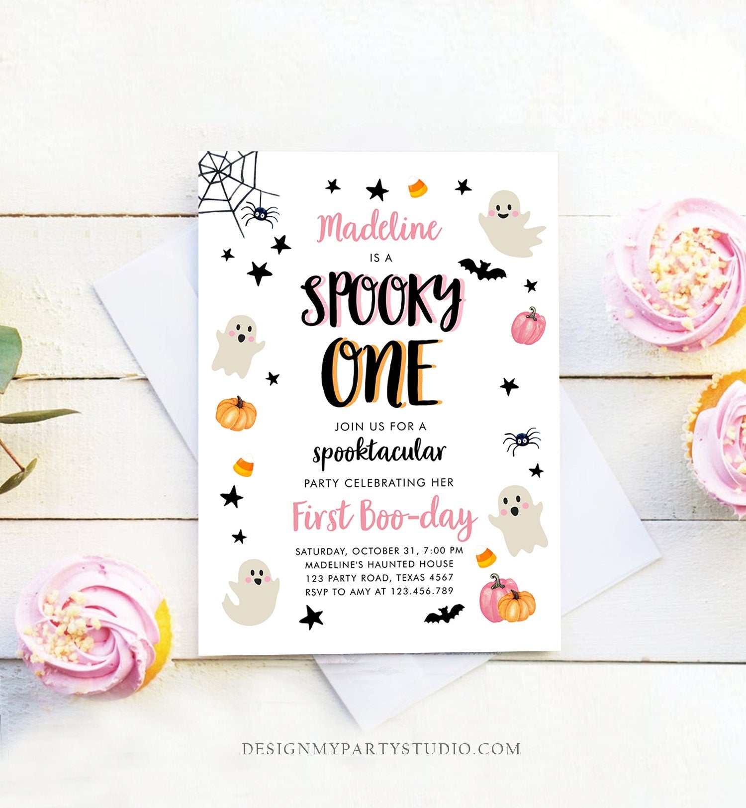 Editable Halloween 1st Birthday Invitation Pink Ghost Costume Party Girl Pink Kids Spooky One First Digital Download Template Printable 0418