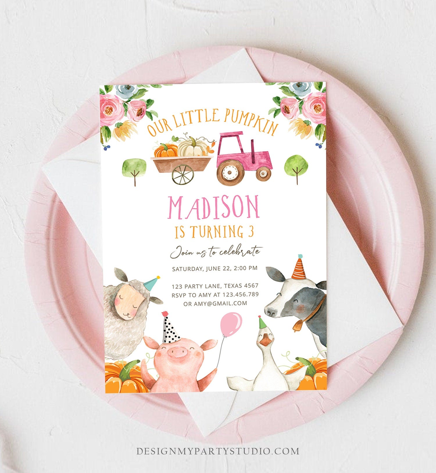 Editable Farm Birthday Invitation Pumpkin Girl Farm Animals Pink Barnyard Fall Birthday Download Printable Invitation Template Digital 0155