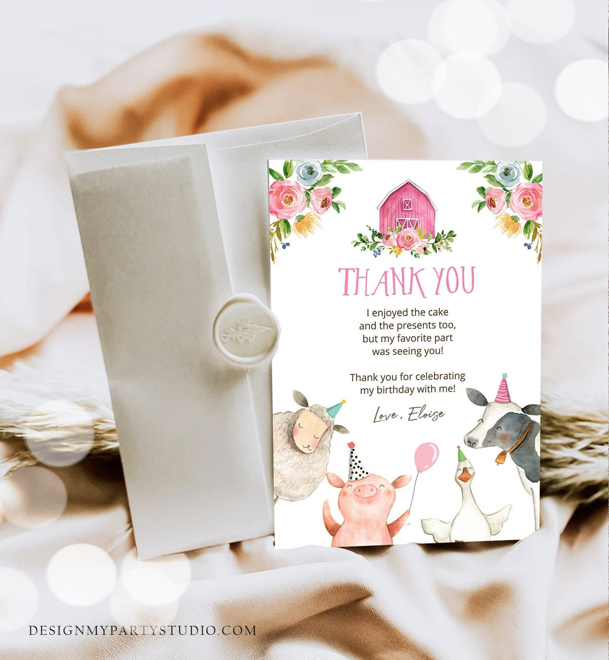 Editable Farm Animals Thank You Card Pumpkin Pink Gingham Farm Birthday Girl Barnyard Thank You Fall Autumn Corjl Template Printable 0155