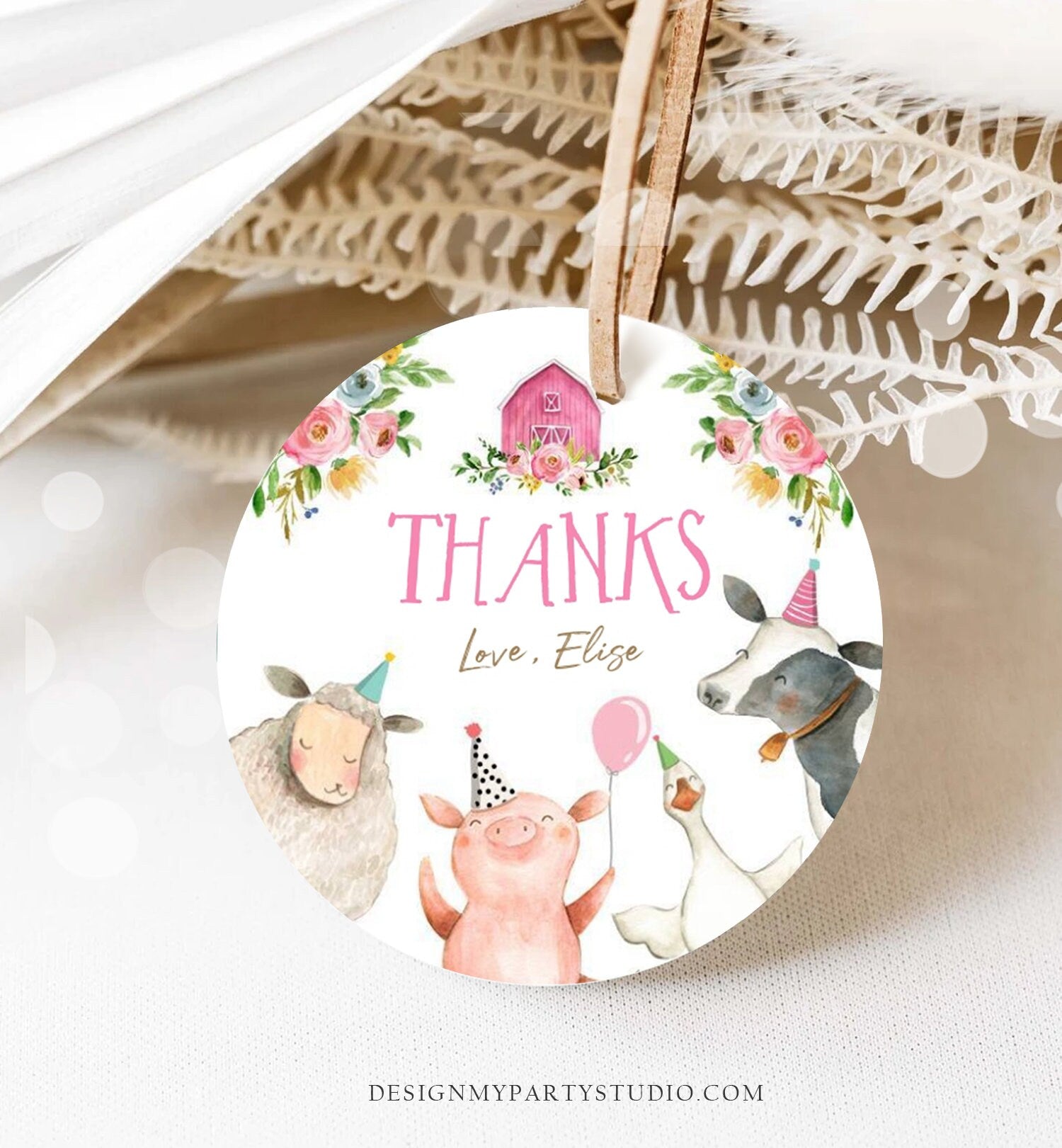 Editable Pink Farm Animals Thank you Tags Girl Birthday Barnyard Stickers Farm Birthday Decor Favor Tags Party Animals Digital Template 0155