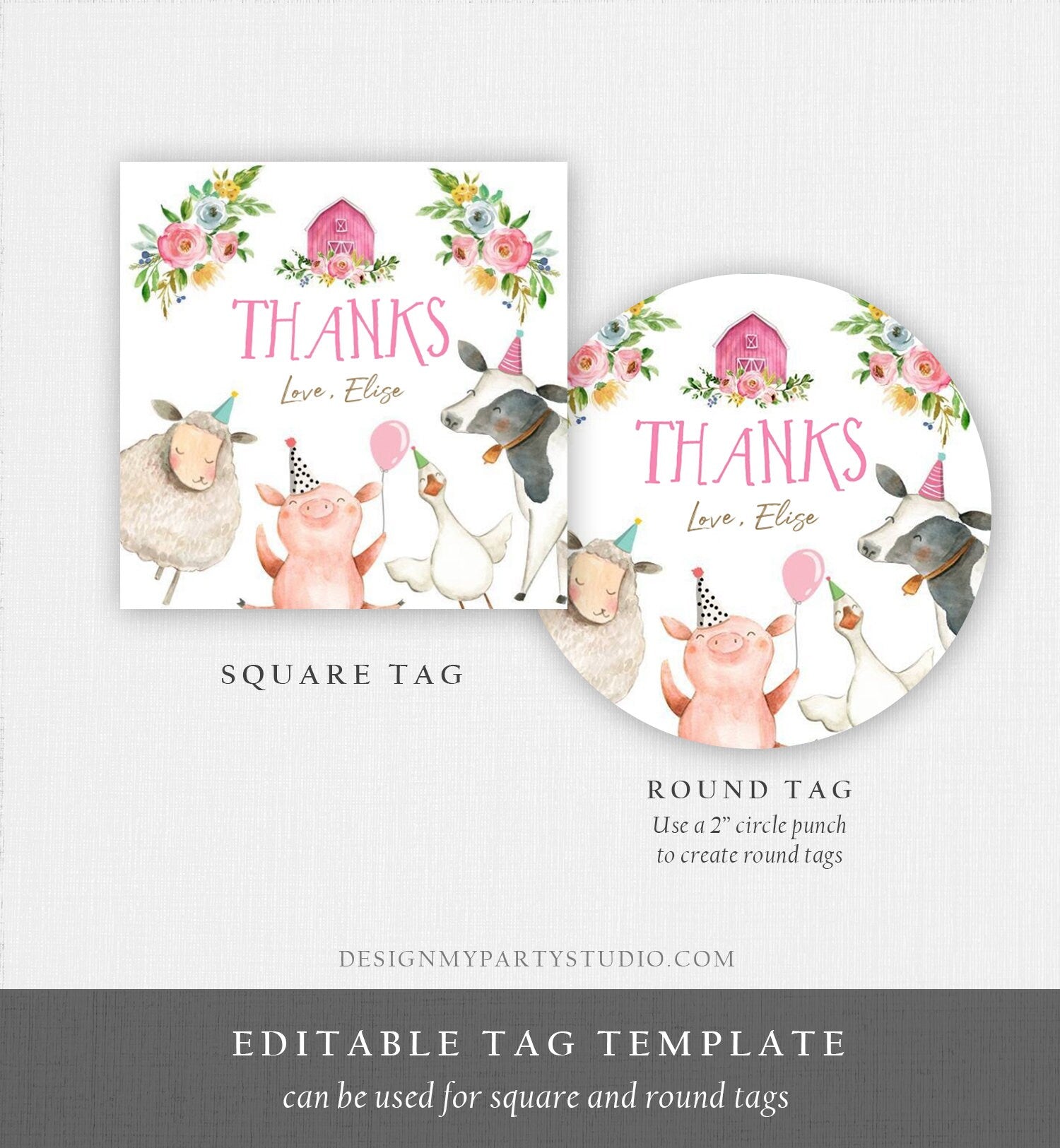 Editable Pink Farm Animals Thank you Tags Girl Birthday Barnyard Stickers Farm Birthday Decor Favor Tags Party Animals Digital Template 0155