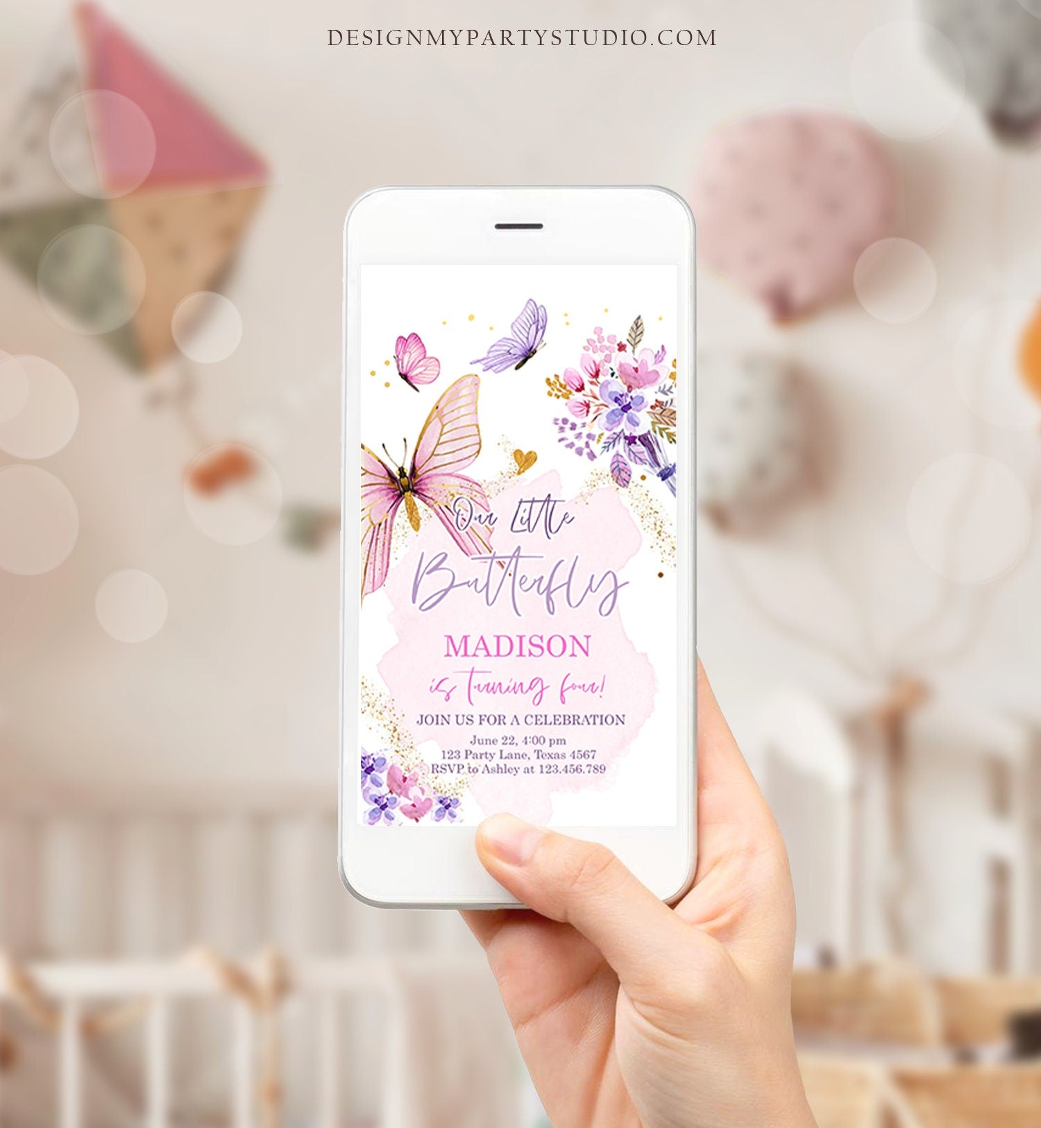 Editable Butterfly Birthday Evite Girl Purple Butterfly Invite 1st Birthday Party Floral Pink Phone Download Digital Template Corjl 0437