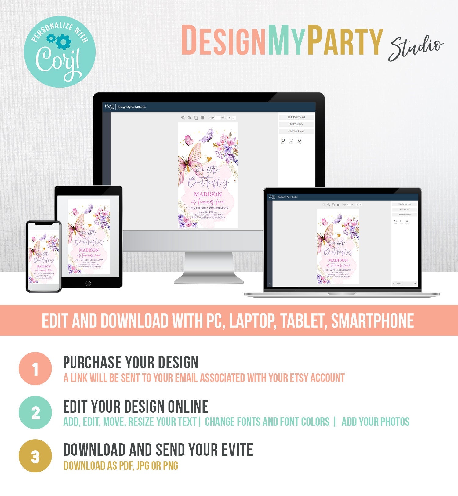 Editable Butterfly Birthday Evite Girl Purple Butterfly Invite 1st Birthday Party Floral Pink Phone Download Digital Template Corjl 0437