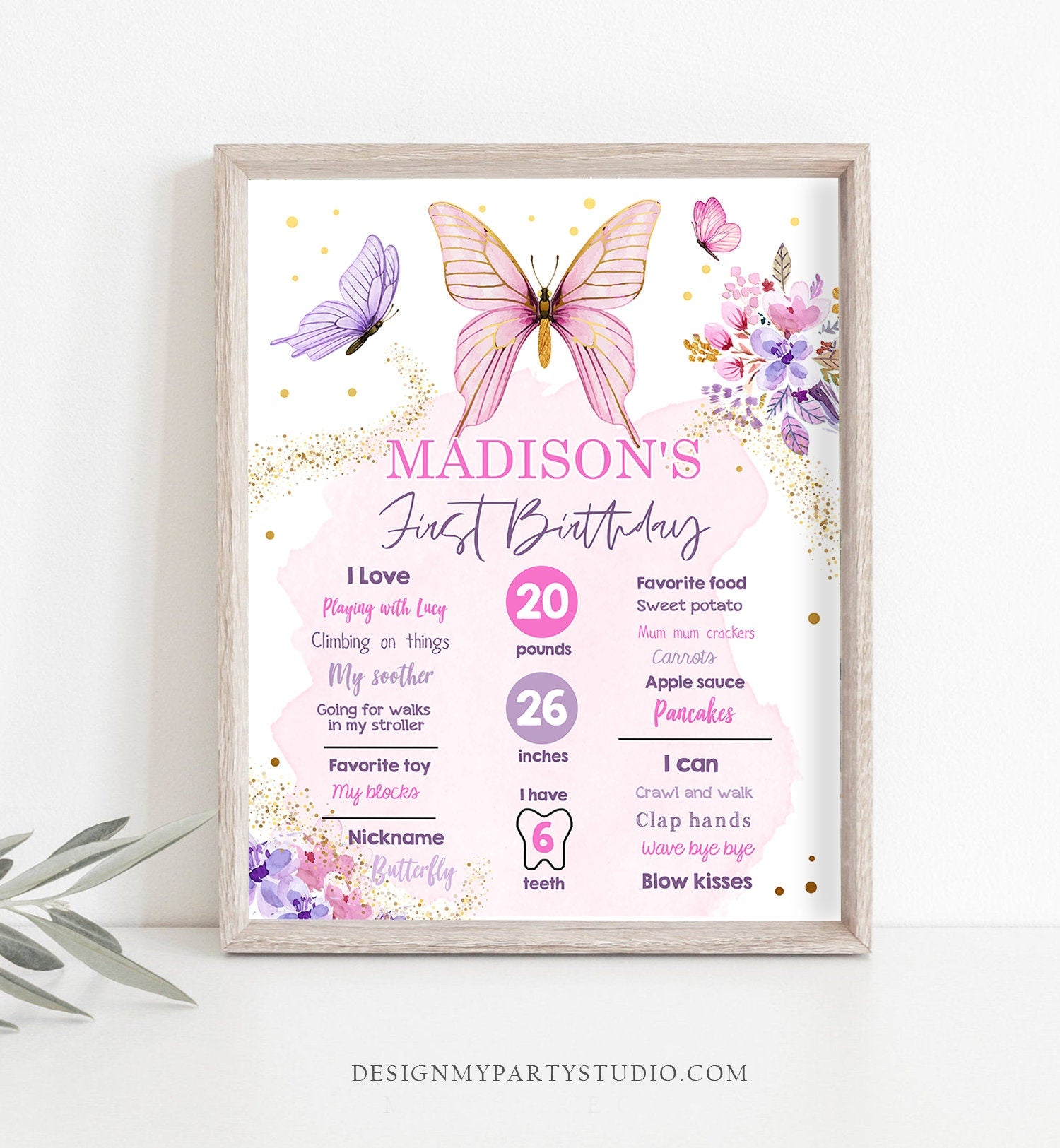 Editable Butterfly Birthday Milestones Sign Garden 1st Birthday First Birthday Girl Pink Purple Download Corjl Template Printable 0437