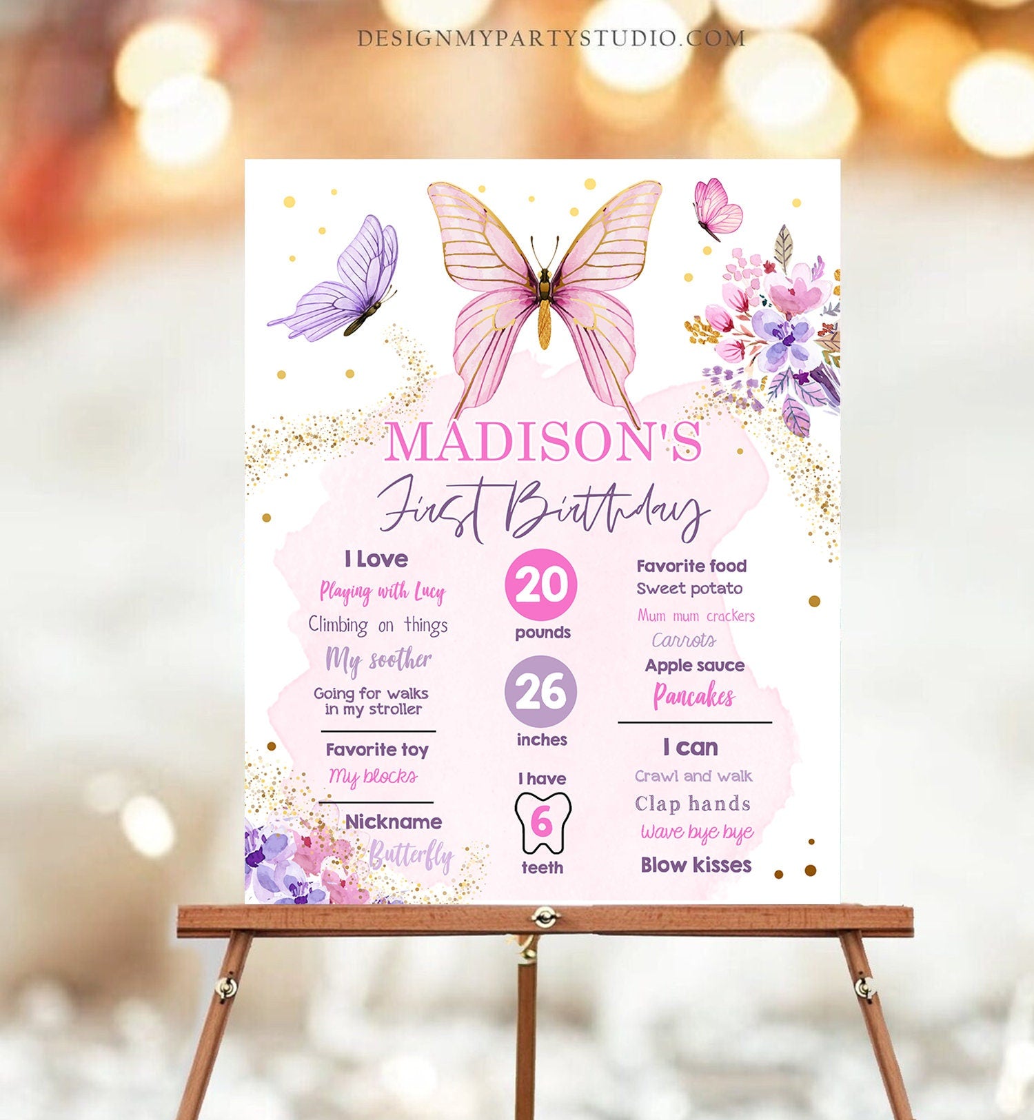 Editable Butterfly Birthday Milestones Sign Garden 1st Birthday First Birthday Girl Pink Purple Download Corjl Template Printable 0437