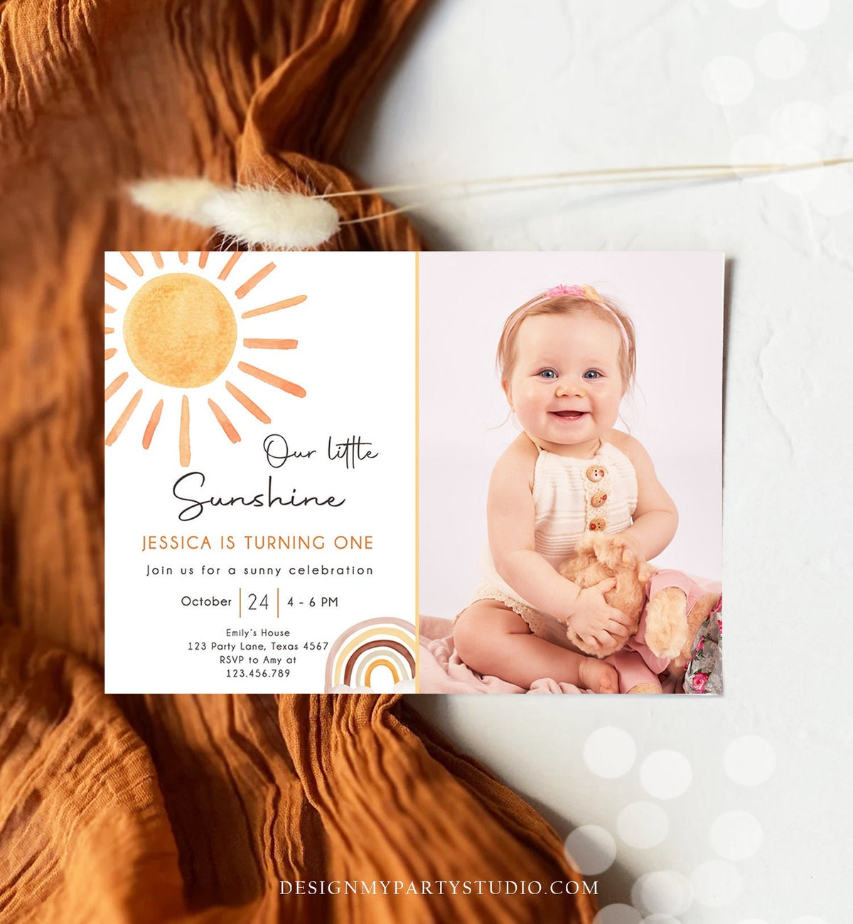 Editable Our Little Sunshine Birthday Invitation 1st Sunshine Birthday Party Neutral Boho Download Printable Template Digital Corjl 0431