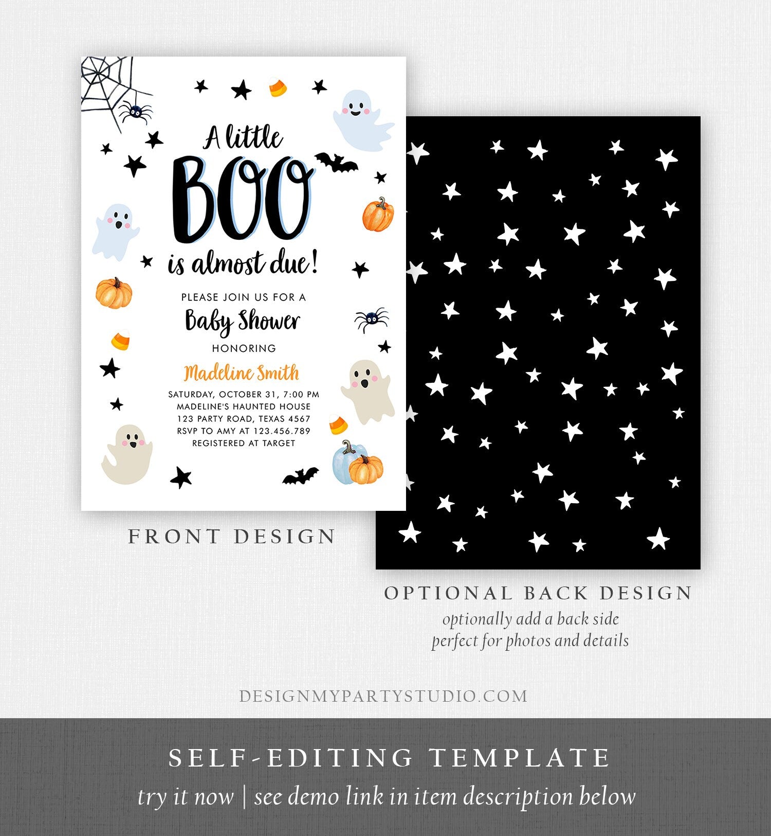 Editable Little Boo Baby Shower Invitation Cute Halloween Baby Shower Couples Shower Invite Blue Ghost Boy Printable Template Corjl 0418