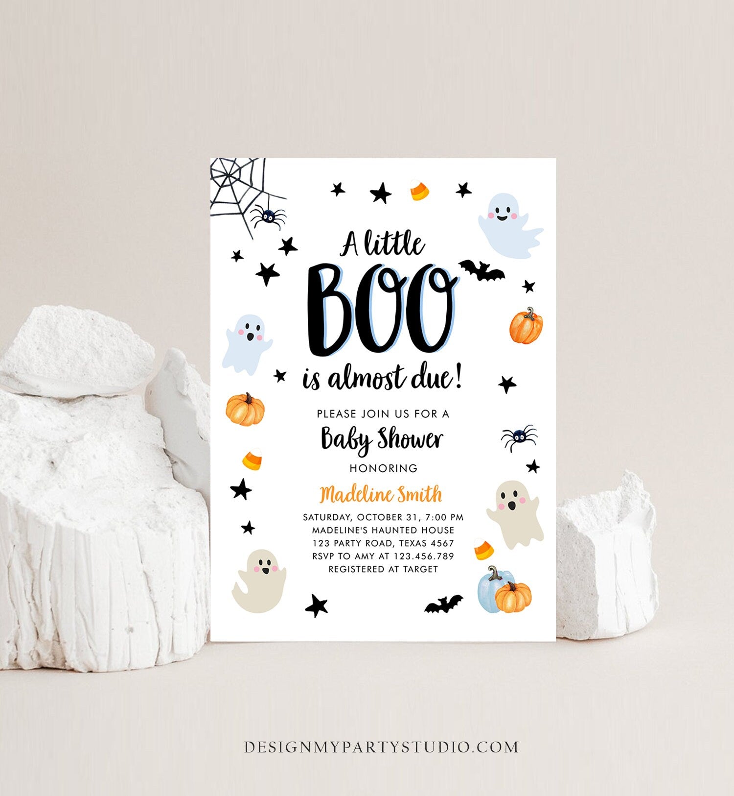 Editable Little Boo Baby Shower Invitation Cute Halloween Baby Shower Couples Shower Invite Blue Ghost Boy Printable Template Corjl 0418