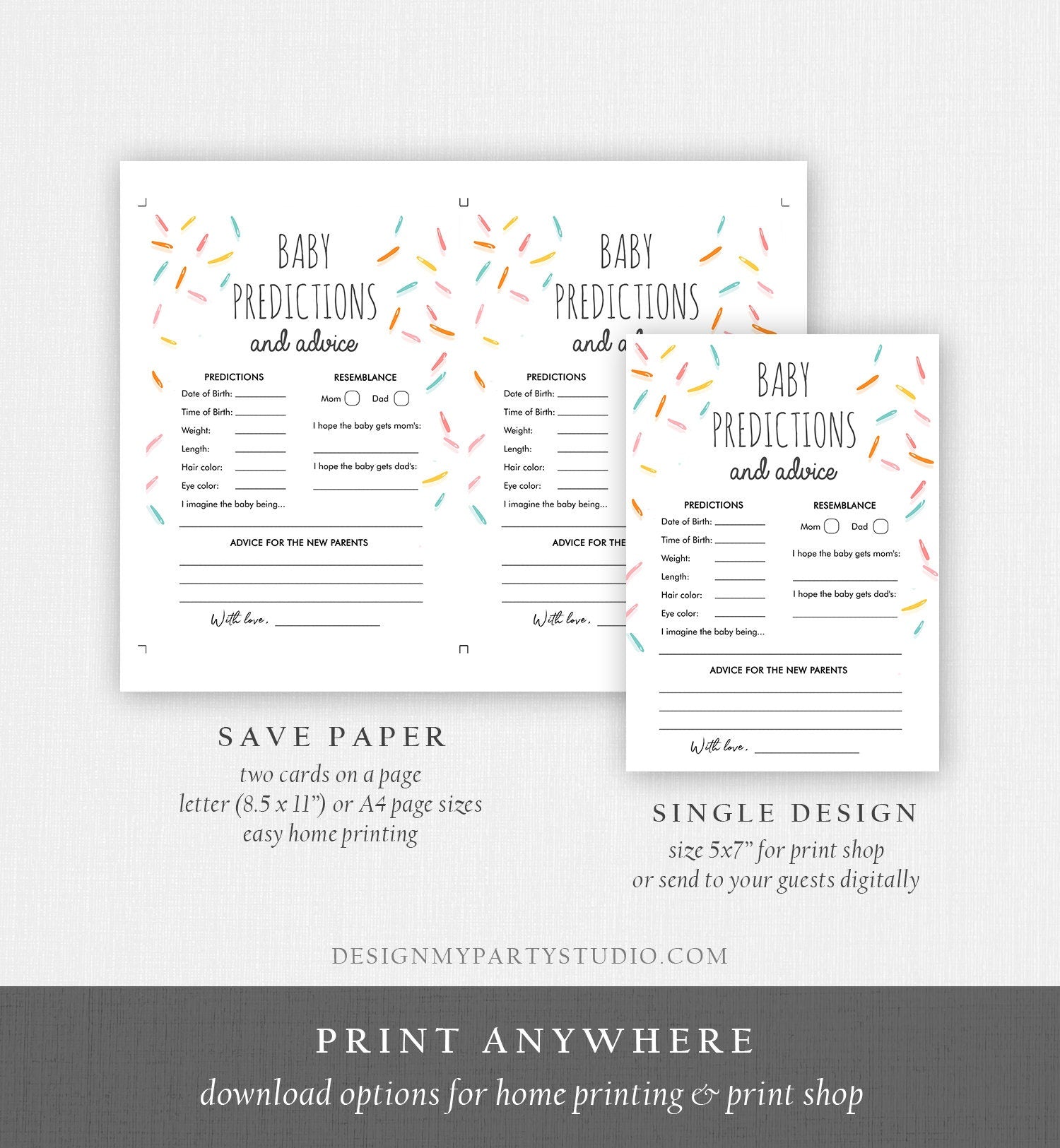 Editable Baby Predictions and Advice for Parents Sprinkle Game Baby Shower Gender Neutral Sprinkles Rainbow Corjl Template Printable 0216