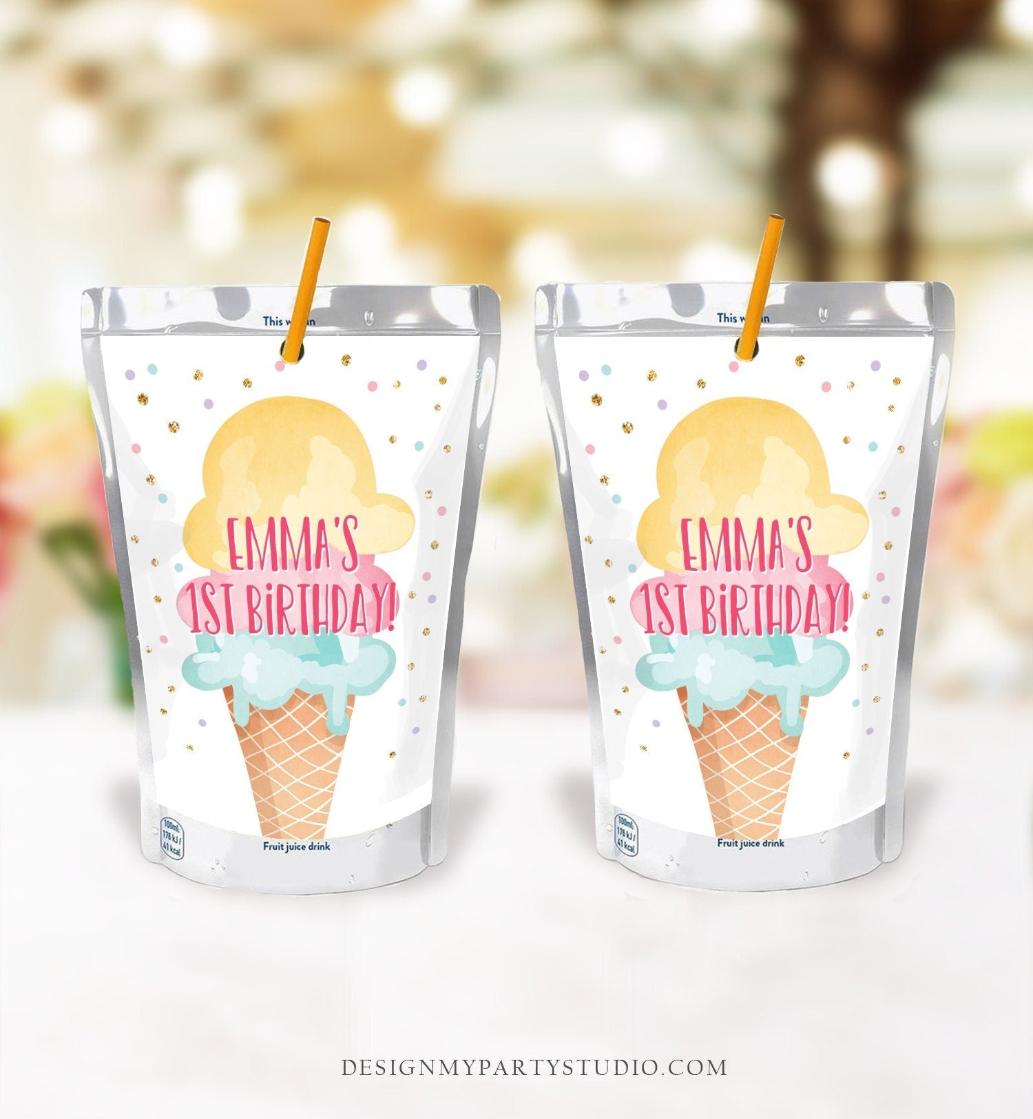 Editable Ice Cream Birthday Juice Pouch Labels Ice Cream Party Girl Favors Cool Sweet Party Scoop Digital Download Template Printable 0243