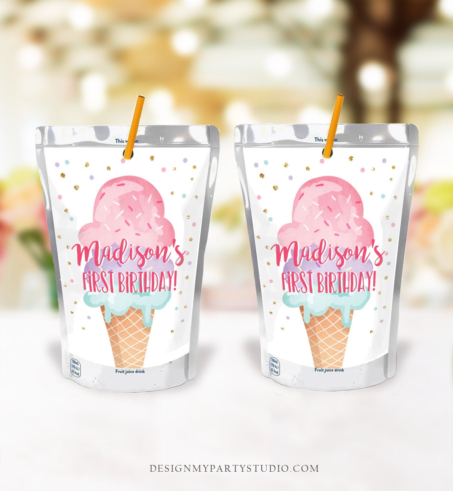 Editable Ice Cream Juice Pouch Label Juice Favors Ice Cream Birthday Party Girl Favors Scoop Digital Download Template Printable 0243