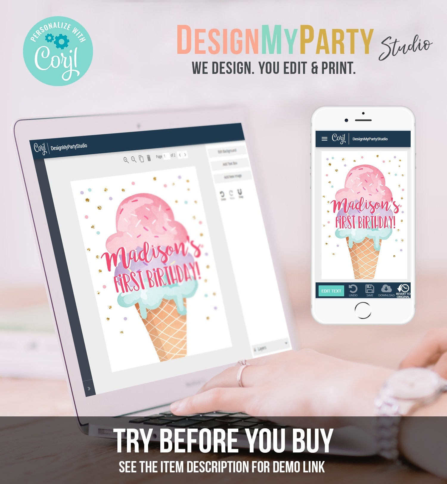 Editable Ice Cream Juice Pouch Label Juice Favors Ice Cream Birthday Party Girl Favors Scoop Digital Download Template Printable 0243