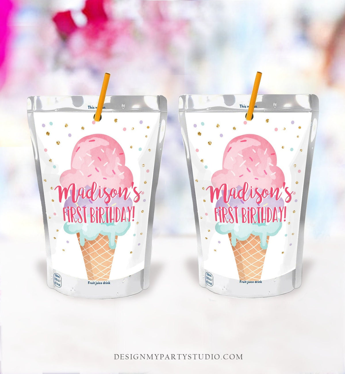 Editable Ice Cream Juice Pouch Label Juice Favors Ice Cream Birthday Party Girl Favors Scoop Digital Download Template Printable 0243