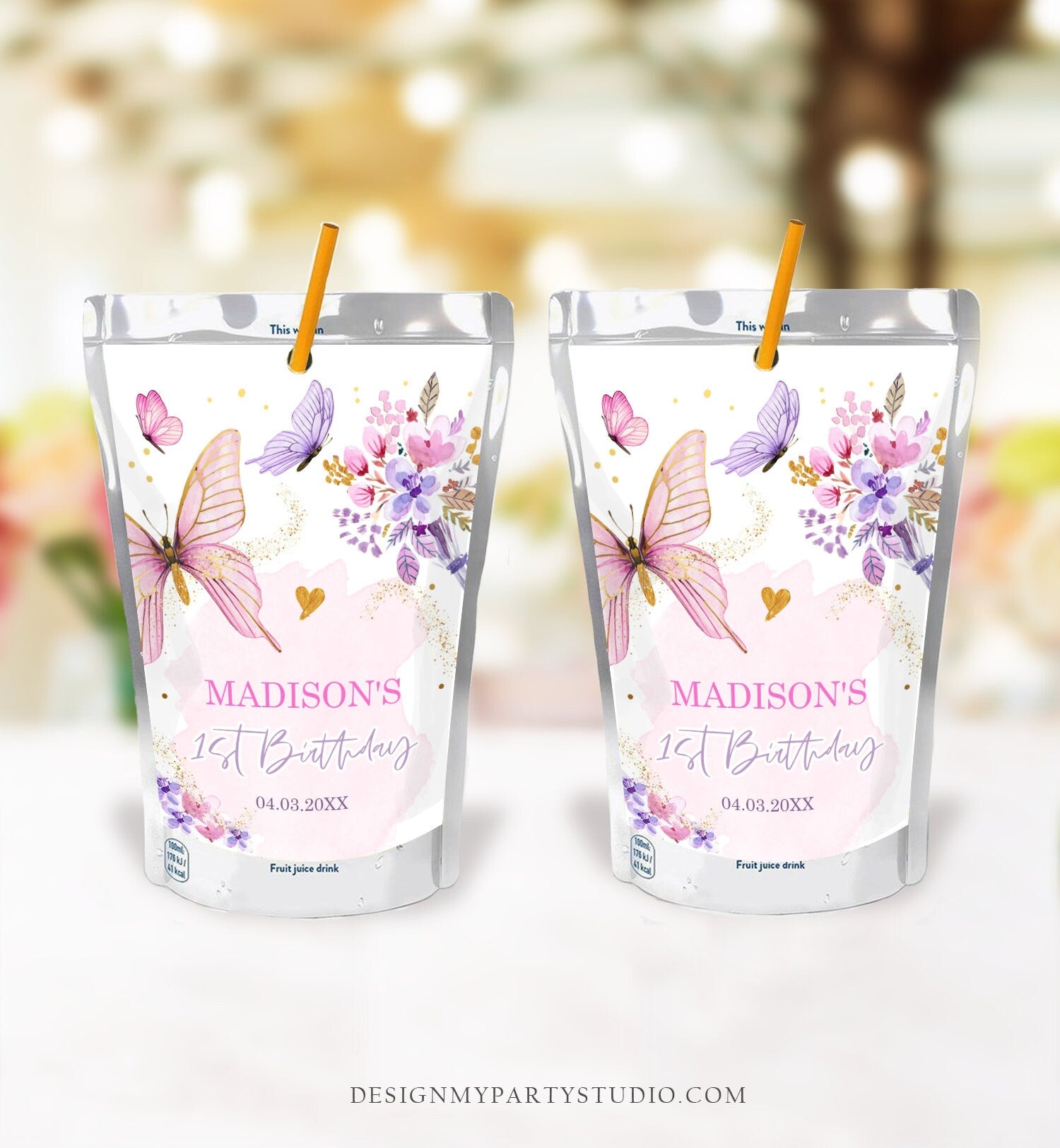 Editable Butterfly Juice Pouch Label Juice Favors Floral Butterfly Birthday Party Girl Favors Digital Download Template Printable 0437