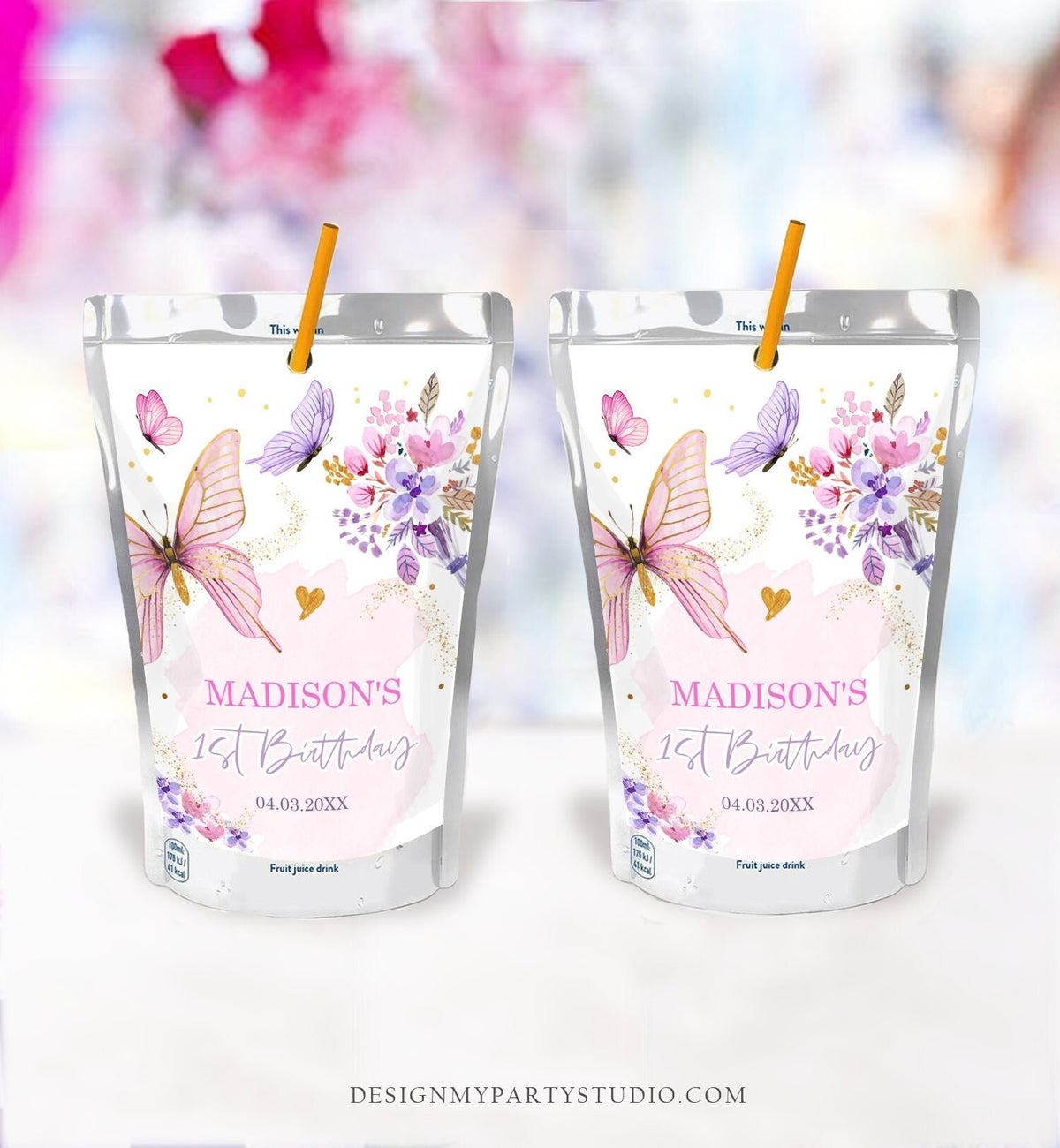 Editable Butterfly Juice Pouch Label Juice Favors Floral Butterfly Birthday Party Girl Favors Digital Download Template Printable 0437