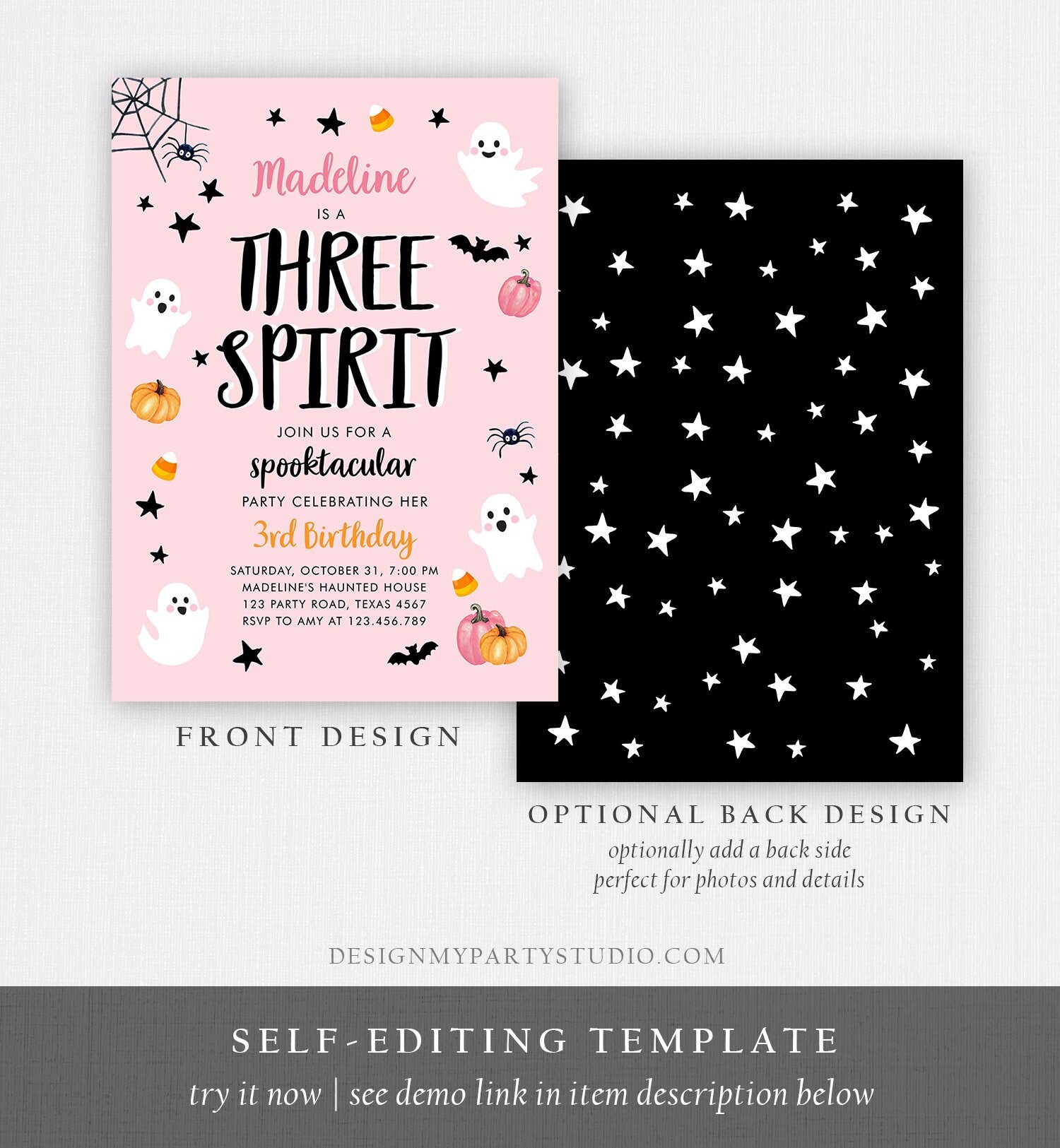 Editable Halloween Birthday Invitation Pink Ghost Three Spirit 3rd Birthday Party Spooktacular Spooky Digital Template Printable 0418