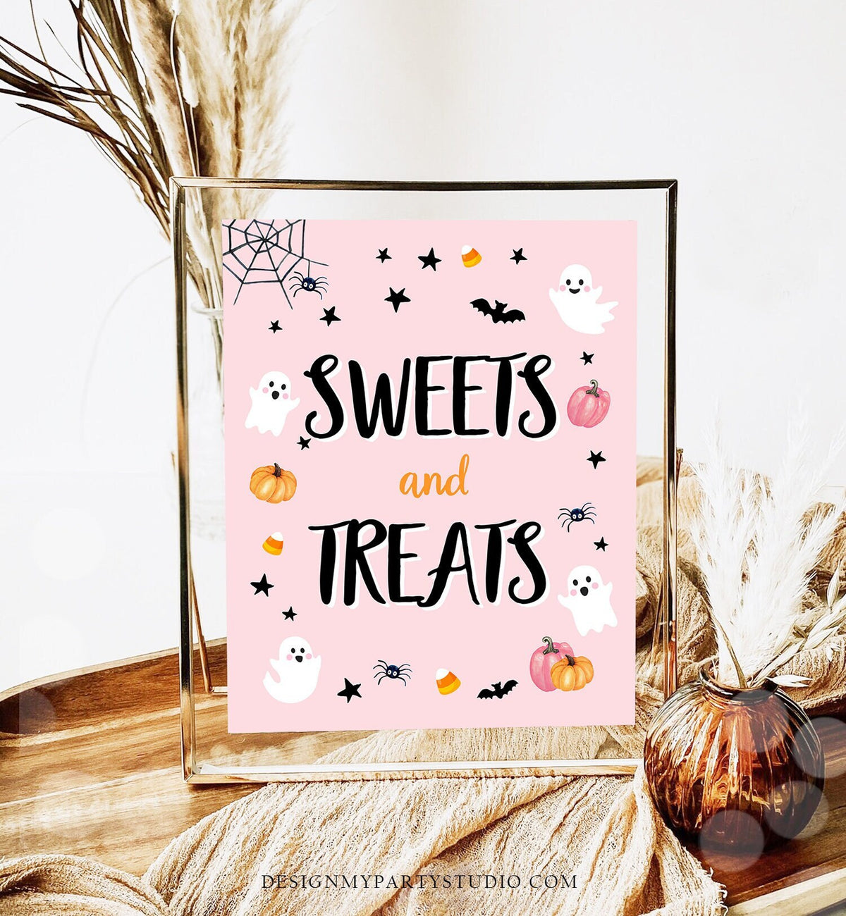 Sweets and Treats Sign Table Decor Halloween Ghost Party Sign Pink Ghost Spooktacular Halloween Birthday Digital Download Printable 0418