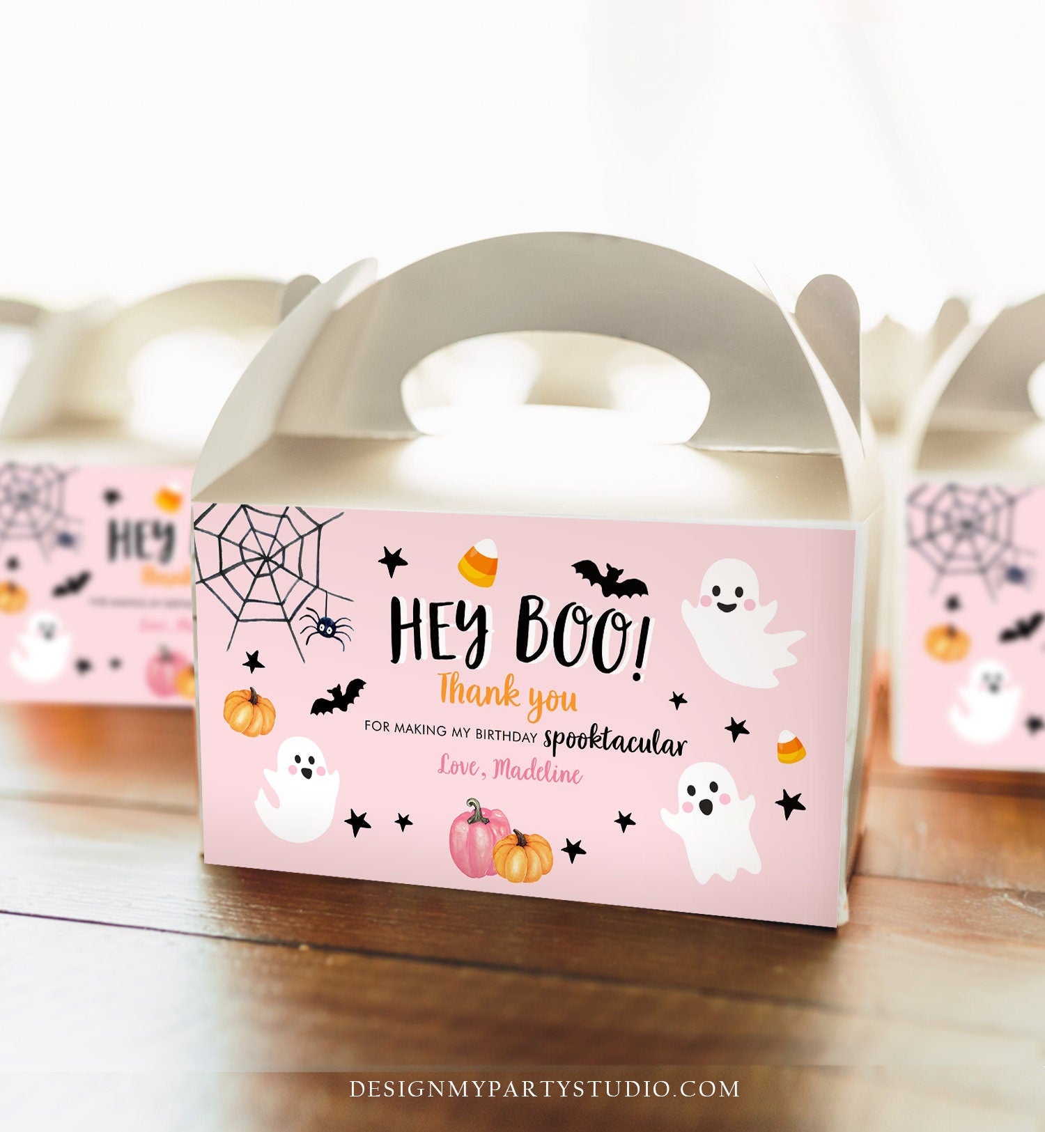 Editable Pink Halloween Gable Box Favor Label Halloween Ghost Gift Box Label Hey Boo Pink Ghost Birthday Treat Download Printable Corjl 0418