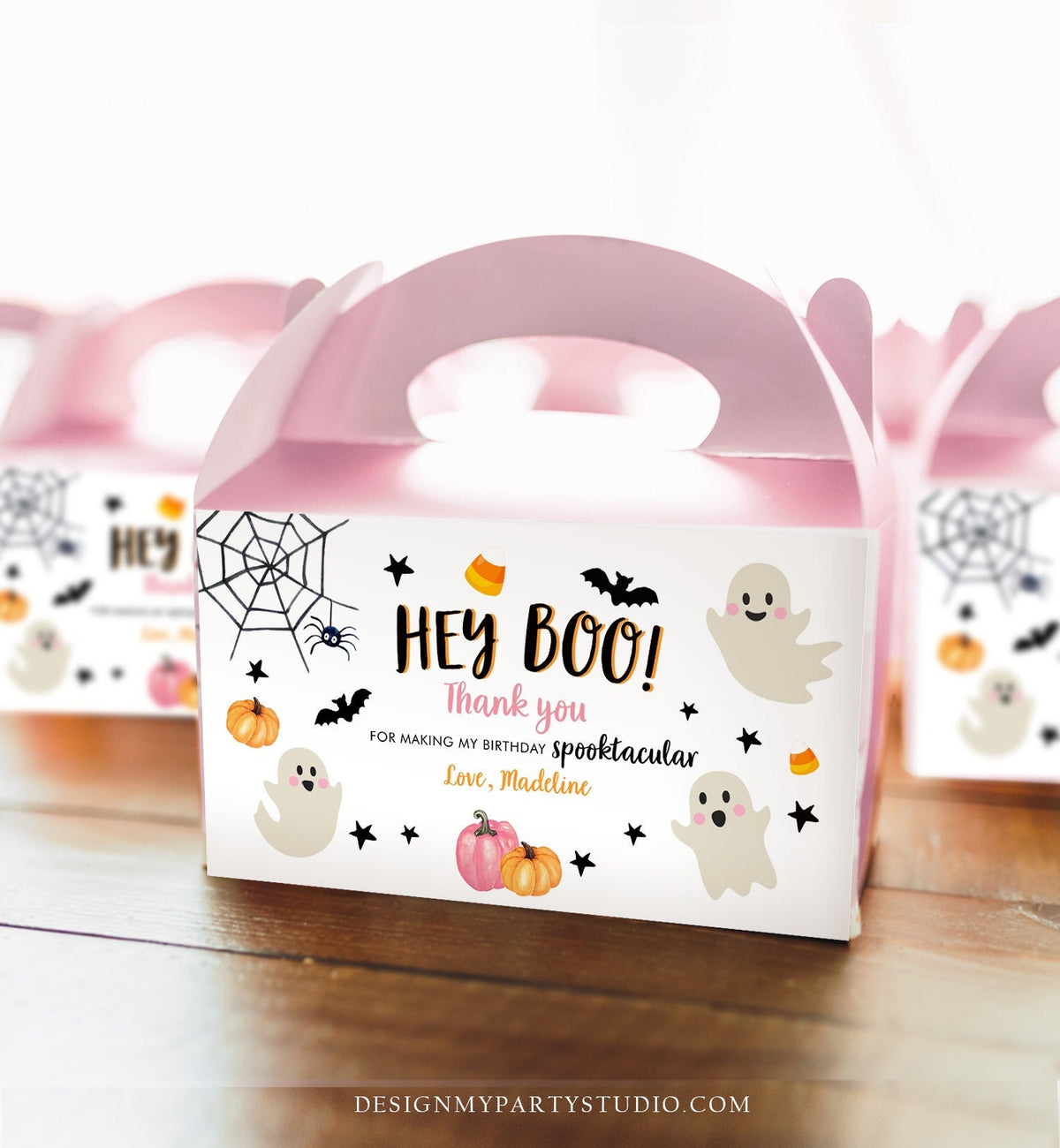 Editable Pink Halloween Gable Box Favor Label Halloween Ghost Gift Box Label Hey Boo Pink Ghost Birthday Treat Download Printable Corjl 0418