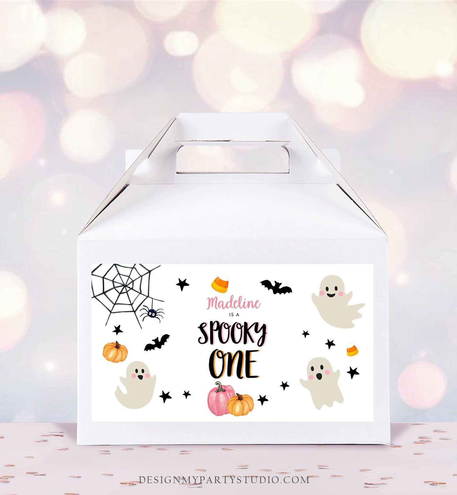 Editable Pink Halloween Gable Box Favor Label Halloween Gift Box Label Spooky One Pink Ghost 1st Birthday Download Printable Corjl 0418