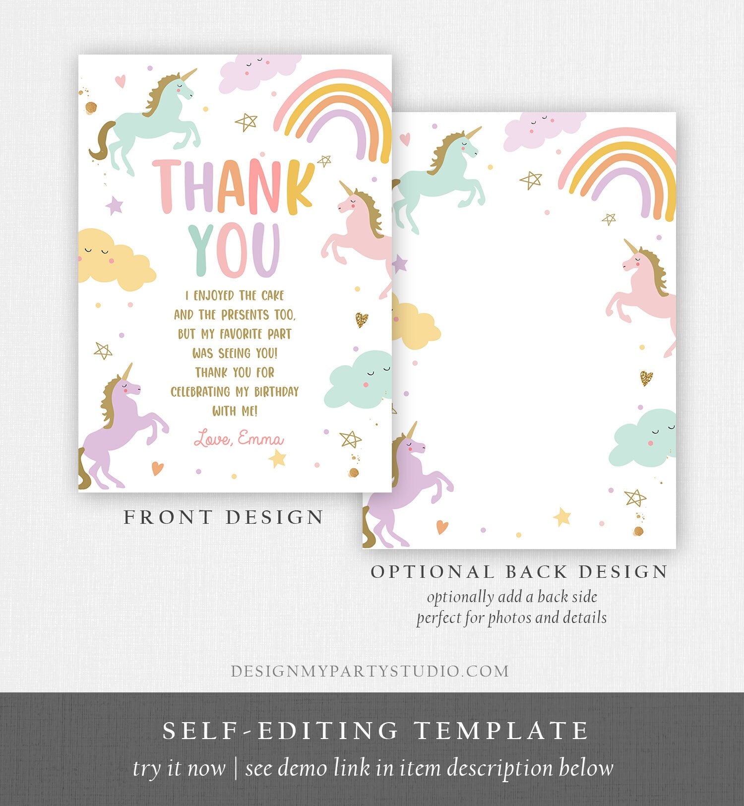 Editable Unicorn Thank You Card Magical Party Birthday Girl Pink Pastel First Digital Unicorn Party Template Rainbow Download Printable 0426