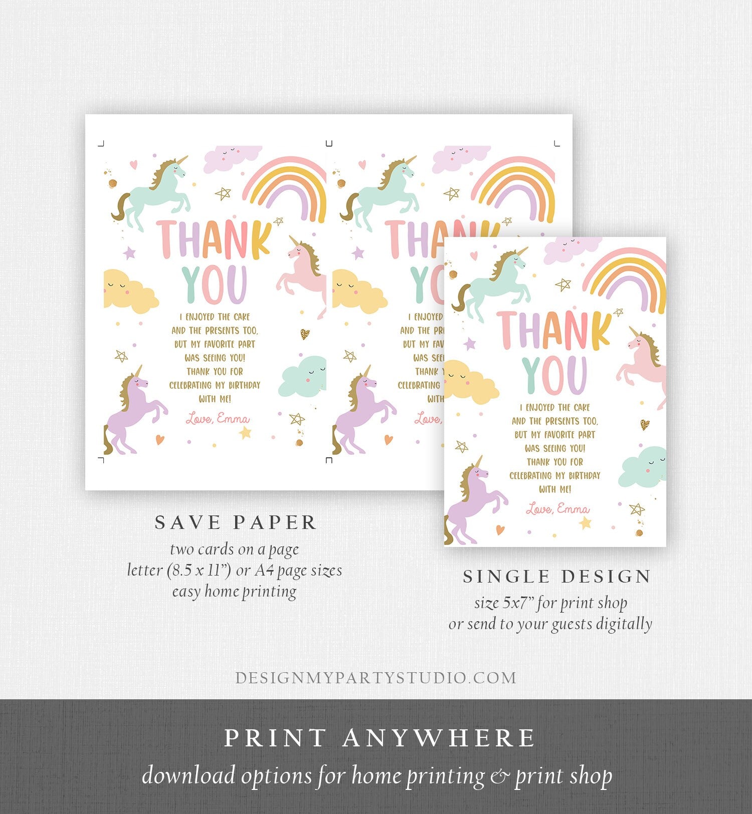 Editable Unicorn Thank You Card Magical Party Birthday Girl Pink Pastel First Digital Unicorn Party Template Rainbow Download Printable 0426