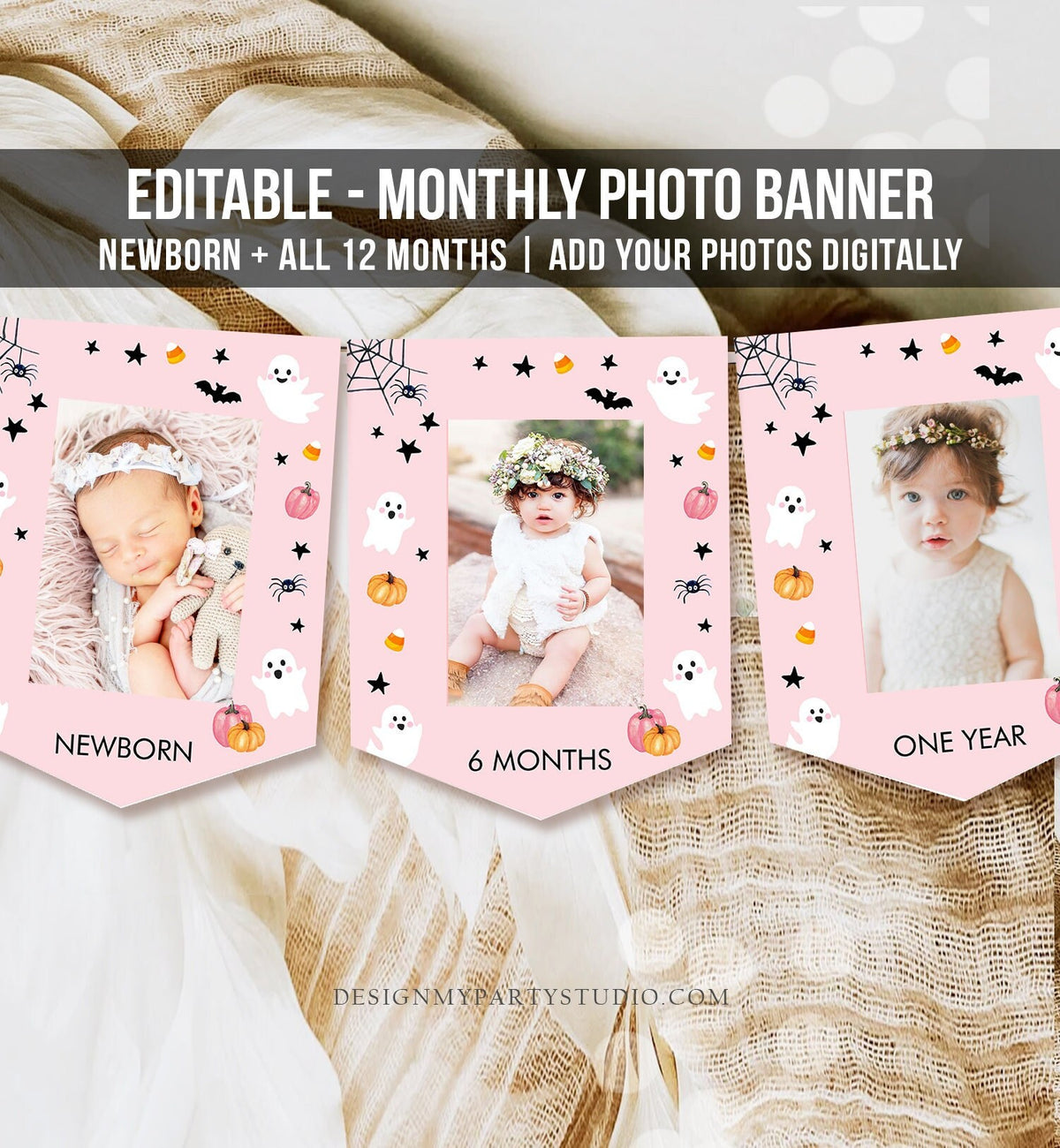 Editable Pink Halloween Ghost First Birthday Banner Monthly Photo Banner Spooky One 1st Spooktacular Girl Corjl Template Printable 0418