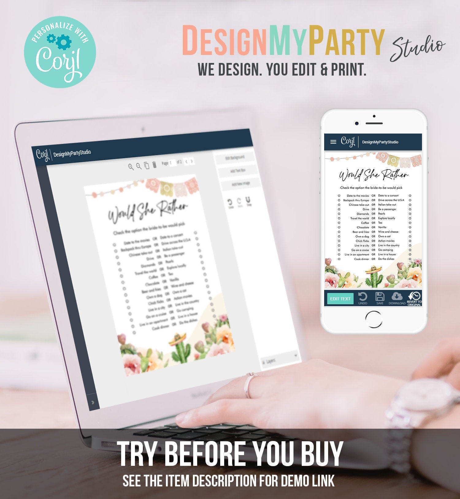 Editable Would She Rather Bridal Shower Game Cactus Fiesta Mexican Coed Shower Succulent Wedding Activity Corjl Template Printable 0419