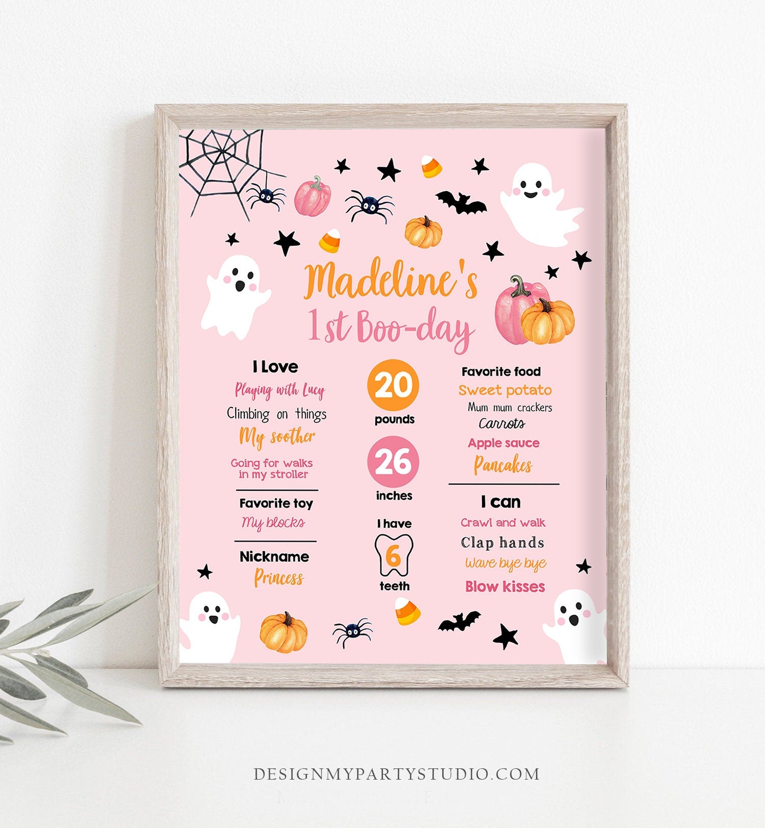 Editable Halloween Birthday Milestones Sign Ghost Spooky One 1st Birthday Party Spooktacular Pink First Stats Template Printable Corjl 0418