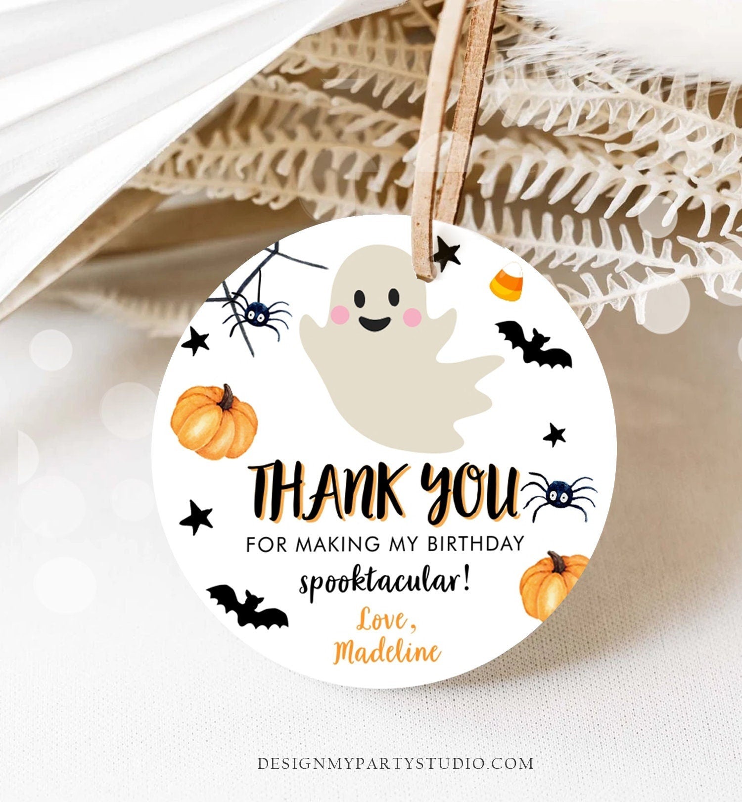 Editable Halloween Birthday Thank You Favor Tags Costume Party Girl Pink Spooktacular Ghost Stickers Download Printable Template Corjl 0418