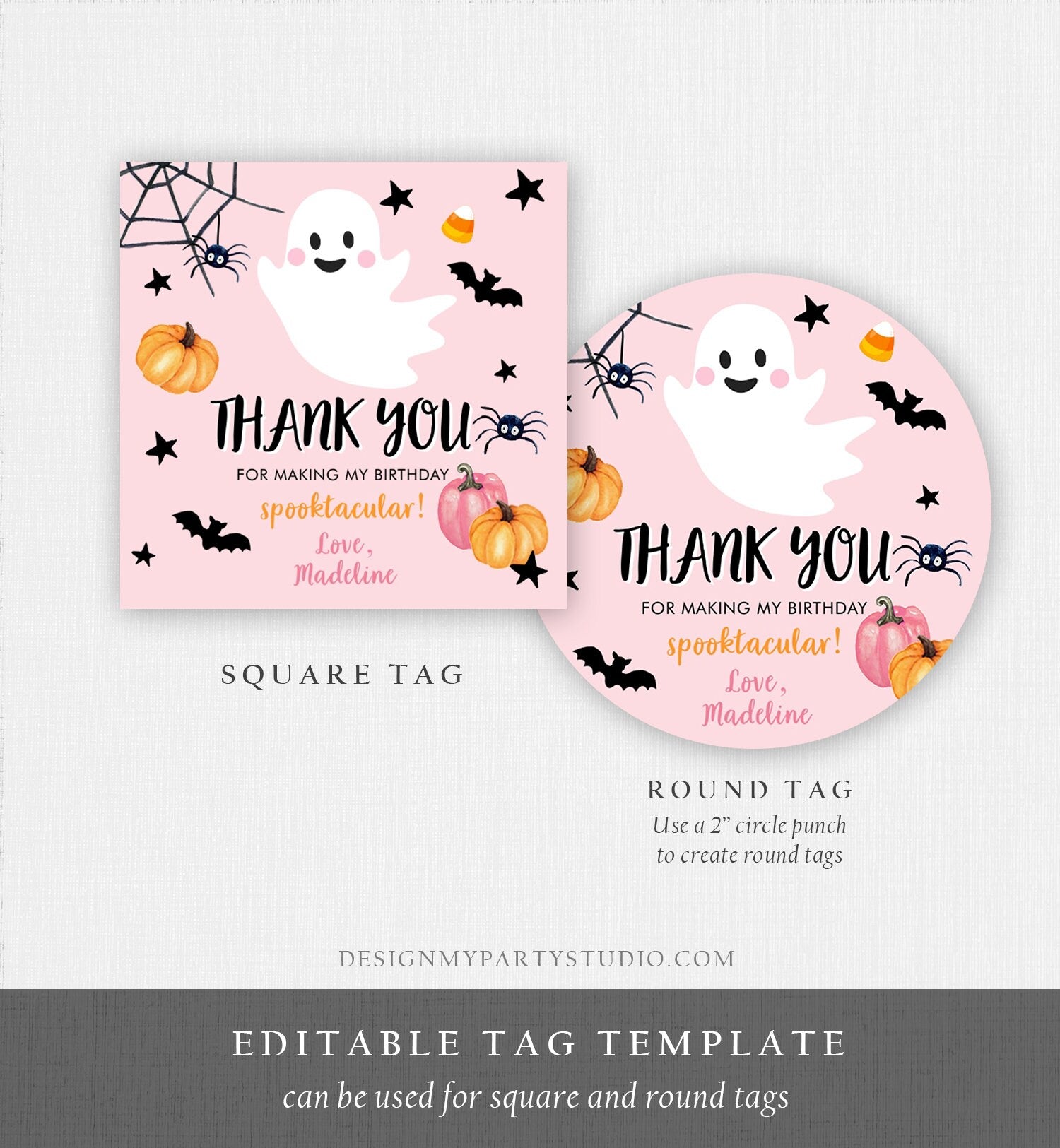 Editable Halloween Birthday Thank You Favor Tag Costume Party Girl Pink Spooktacular Ghost Stickers Digital Download Template Printable 0418